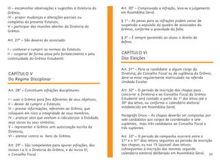 39
CAPÍTULO V
Do Regime Disciplinar
Art. 28º – Constituem infrações disciplinares:
I – usar o Grêmio para fins diferentes de seus objetivos;
II – deixar de cumprir o Estatuto;
III – prestar informações, referentes ao Grêmio, que
coloquem em risco a integridade de seus membros;
IV – praticar atos que venham a ridicularizar a Entidade,
seus sócios ou seus símbolos;
V – representar o Grêmio sem autorização escrita da
Diretoria;
VI – atentar contra os bens do Grêmio.
Art. 29º – São competentes para apurar infrações, dos
incisos I a V, a Diretoria do Grêmio, e do inciso VI,
o Conselho Fiscal.
III – encaminhar observações e sugestões à Diretoria do
Grêmio;
IV – propor mudanças e alterações parciais ou
completas do presente Estatuto;
V – participar das reuniões abertas da Diretoria do
Grêmio.
Art. 27º – São deveres do associado:
I – conhecer e cumprir as normas do Estatuto;
II – cooperar de forma ativa pelo fortalecimento e pela
continuidade do Grêmio Estudantil.
Art. 30º – Comprovada a infração, leva-se a julgamento
em Assembléia Geral.
§ 1º – As penas para as infrações podem variar de
suspensão a expulsão do quadro de associados do
Grêmio, conforme a gravidade da falta.
§ 2º – É sempre garantido ao aluno o direito de
defesa.
CAPÍTULO VI
Das Eleições
Art. 31º – Para se candidatar a algum cargo da
Diretoria, do Conselho Fiscal ou de suplência do Grêmio,
deve-se estar regularmente matriculado na referida
Unidade Escolar.
Art. 32º – O período de inscrição das chapas para
concorrer à Diretoria e ao Conselho Fiscal do Grêmio
Estudantil será contado a partir do 1º dia letivo até o
30º dia letivo, ou conforme o calendário eleitoral
estabelecido em Assembléia Geral.
Parágrafo Único – As chapas deverão ser compostas por
sete candidatos aos cargos de coordenador e sete
suplentes, mais três candidatos ao Conselho Fiscal e
três suplentes.
Art. 33º – O período de campanha ocorrerá entre o
31º e o 41º dias letivos seguintes ao período de inscrição
das chapas; ou nos 15 (quinze) dias letivos
subseqüentes à inscrição das mesmas segundo
calendário eleitoral deliberado em Assembléia Geral.
 