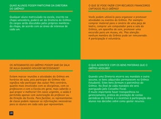28
OS INTEGRANTES DO GRÊMIO PODEM SAIR DA SALA
DE AULA QUANDO HOUVER NECESSIDADE?
Evitem marcar reuniões e atividades do Grêmio em
horários de aula, pois participar do Grêmio não
significa não participar das aulas! Pelo contrário,
quanto mais envolvidos com as disciplinas, com os
professores e com a Escola em geral, mais saberão o
que propor e melhorar! Em casos urgentes, a saída é
permitida apenas com autorização do professor ou
da Direção da Escola. Para facilitar, os representantes
de classe podem repassar as informações necessárias
para os alunos em cada sala que representam.
O QUE SE PODE FAZER COM RECURSOS FINANCEIROS
CAPTADOS PELO GRÊMIO?
Vocês podem utilizá-lo para organizar e promover
atividades ou eventos do Grêmio. Por exemplo:
comprar material para o cenário de uma peça de
teatro, comprar um computador para a sala do
Grêmio, um aparelho de som, promover uma
excursão para um museu, etc. Mas atenção:
nenhum membro do Grêmio pode ser remunerado.
A participação é voluntária.
O QUE ACONTECE COM OS BENS MATERIAIS QUE O
GRÊMIO ADQUIRE?
Quando uma Diretoria encerra seu mandato e outra
assume, os bens adquiridos permanecem no Grêmio
Estudantil. Estes bens formam o patrimônio do
Grêmio. No final de cada mandato ele será
averiguado pelo Conselho Fiscal.
É muito importante haver transparência no
gerenciamento, prática de prestação de contas
periódicas do Grêmio e o incentivo à participação dos
alunos nas decisões sobre como gastar recursos.
QUAIS ALUNOS PODEM PARTICIPAR DA DIRETORIA
DO GRÊMIO?
Qualquer aluno matriculado na escola, inscrito na
chapa vencedora, poderá ser da Diretoria do Grêmio.
Os cargos serão discutidos pelos próprios membros
da chapa, de acordo com as áreas de interesse de
cada um.
 