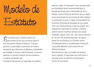 33
Énecessário que o Grêmio registre em
documento escrito seus princípios básicos.
Esse documento chama-se Estatuto. É ele que
garante a organização e autonomia do Grêmio
Estudantil, pois determina os objetivos e finalidades
da entidade, a estrutura administrativa, o processo
eleitoral, os direitos e deveres de seus membros,
as esferas de decisão, etc.
O Estatuto não precisa ser registrado em cartório
para ser válido. O importante é que seja aprovado
em Assembléia Geral e encaminhado para a
Direção da Escola, para a Associação de Pais e
Mestres e para a Diretoria de Ensino de sua região
(caso você estude em uma escola da rede estadual
ou particular) ou para o órgão correspondente da
Secretaria Municipal de Educação de sua cidade
(caso sua escola pertença à rede municipal). Se o
Estatuto for registrado em cartório, o Grêmio
poderá realizar convênios formais com outras
entidades, adquirir bens, etc., mas alunos menores
de 18 anos não poderão participar de alguns
cargos de sua Diretoria ou Conselho (como
Coordenação Geral ou Coordenação Financeira),
o que pode dificultar o funcionamento do
Grêmio Estudantil.
Apresentaremos aqui um modelo de Estatuto
como sugestão. É importante que vocês leiam e
discutam quais as melhores normas para o
Grêmio de sua escola.
Modelo de
Estatuto
 