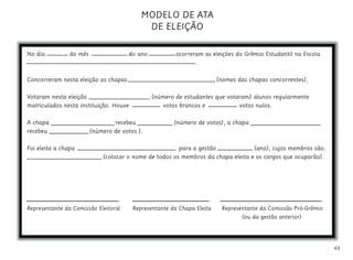 MODELO DE ATA
DE ELEIÇÃO
No dia do mês do ano ocorreram as eleições do Grêmio Estudantil na Escola
.
Concorreram nesta eleição as chapas (nomes das chapas concorrentes).
Votaram nesta eleição (número de estudantes que votaram) alunos regularmente
matriculados nesta instituição. Houve votos brancos e votos nulos.
A chapa recebeu (número de votos), a chapa
recebeu (número de votos ).
Foi eleita a chapa para a gestão (ano), cujos membros são:
(colocar o nome de todos os membros da chapa eleita e os cargos que ocuparão).
Representante da Comissão Eleitoral Representante da Chapa Eleita Representante da Comissão Pró-Grêmio
(ou da gestão anterior)
43
 