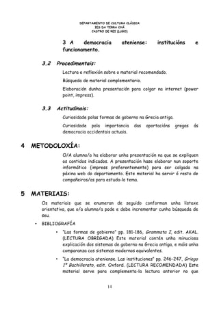 DEPARTAMENTO DE CULTURA CLÁSICA
                                   IES DA TERRA CHÁ
                                 CASTRO DE REI (LUGO)



                   3 A     democracia           ateniense:        institucións      e
                   funcionamento.

         3.2   Procedimentais:
                   Lectura e reflexión sobre o material recomendado.
                   Búsqueda de material complementario.
                   Elaboración dunha presentación para colgar na internet (power
                   point, impress).


         3.3   Actitudinais:
                   Curiosidade polas formas de goberno na Grecia antiga.
                   Curiosidade pola importancia        das   aportacións   gregas   ás
                   democracia occidentais actuais.


4   METODOLOXÍA:
                   O/A alumno/a ha elaborar unha presentación na que se expliquen
                   os contidos indicados. A presentación hase elaborar nun soporte
                   informático (impress preferentemente) para ser colgada na
                   páxina web do departamento. Este material ha servir ó resto de
                   compañeiros/as para estuda-lo tema.


5   MATERIAIS:
         Os materiais que se enumeran de seguido conforman unha listaxe
         orientativa, que o/a alumno/a pode e debe incrementar cunha búsqueda de
         seu.
     •   BIBLIOGRAFÍA
               •   “Las formas de gobierno” pp. 181-186, Grammata I, edit. AKAL.
                   (LECTURA OBRIGADA) Este material contén unha minuciosa
                   explicación dos sistemas de goberno na Grecia antiga, e máis unha
                   comparanza cos sistemas modernos equivalentes.
               •   “La democracia ateniense. Las instituciones” pp. 246-247, Griego
                   1º Bachillerato, edit. Oxford. (LECTURA RECOMENDADA) Este
                   material serve para complementa-la lectura anterior no que


                                         14
 