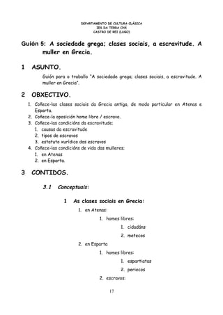 DEPARTAMENTO DE CULTURA CLÁSICA
                                   IES DA TERRA CHÁ
                                 CASTRO DE REI (LUGO)



Guión 5: A sociedade grega; clases sociais, a escravitude. A
       muller en Grecia.

1    ASUNTO.
          Guión para o traballo “A sociedade grega; clases sociais, a escravitude. A
          muller en Grecia”.

2    OBXECTIVO.
    1. Coñece-las clases sociais da Grecia antiga, de modo particular en Atenas e
       Esparta.
    2. Coñece-la oposición home libre / escravo.
    3. Coñece-las condicións da escravitude;
       1. causas da escravitude
       2. tipos de escravos
       3. estatuto xurídico dos escravos
    4. Coñece-las condicións de vida das mulleres;
       1. en Atenas
       2. en Esparta.

3    CONTIDOS.

          3.1    Conceptuais:

                   1    As clases sociais en Grecia:
                          1. en Atenas:
                                    1. homes libres:
                                               1. cidadáns
                                               2. metecos
                          2. en Esparta
                                    1. homes libres:
                                               1. espartiatas
                                               2. periecos
                                    2. escravos:

                                          17
 