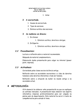 DEPARTAMENTO DE CULTURA CLÁSICA
                              IES DA TERRA CHÁ
                            CASTRO DE REI (LUGO)


                                           1. ilotas


              2   A escravitude.
                     1. Causas da escravitude.
                     2. Tipos de escravos.
                     3. Estatus xurídico dos escravos.


              3   As mulleres en Grecia:
                     1. En Atenas:
                               1. Estatuto xurídico; dereitos e obrigas.
                     2. En Esparta:
                               1. Estatuto xurídico; dereitos e obrigas.


      3.2   Procedimentais:
              Lectura e reflexión sobre o material recomendado.
              Búsqueda de material complementario.
              Elaboración dunha presentación para colgar na internet (power
              point, impress).


      3.3   Actitudinais:
              Curiosidade polas clases sociais da Grecia antiga.
              Reflexión sobre as sociedades escravistas e a idea de dereitos
              humanos coma dereitos inherentes a todo ser humano.
              Reflexión sobre a situación da muller no mundo antigo e no
              sociedade actual.


4   METODOLOXÍA:
              O/A alumno/a ha elaborar unha presentación na que se expliquen
              os contidos indicados. A presentación hase elaborar nun soporte
              informático (impress preferentemente) para ser colgada na
              páxina web do departamento. Este material ha servir ó resto de
              compañeiros/as para estuda-lo tema.


                                      18
 