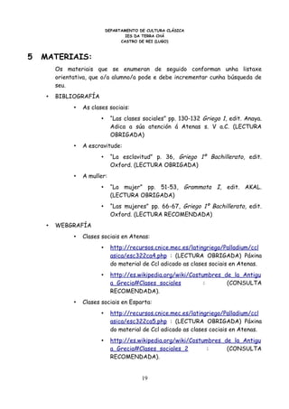 DEPARTAMENTO DE CULTURA CLÁSICA
                                      IES DA TERRA CHÁ
                                    CASTRO DE REI (LUGO)



5   MATERIAIS:
         Os materiais que se enumeran de seguido conforman unha listaxe
         orientativa, que o/a alumno/a pode e debe incrementar cunha búsqueda de
         seu.
     •   BIBLIOGRAFÍA
               •   As clases sociais:
                          •     “Las clases sociales” pp. 130-132 Griego 1, edit. Anaya.
                                Adica a súa atención á Atenas s. V a.C. (LECTURA
                                OBRIGADA)
               •   A escravitude:
                          •     “La esclavitud” p. 36, Griego 1º Bachillerato, edit.
                                Oxford. (LECTURA OBRIGADA)
               •   A muller:
                          •     “La mujer” pp. 51-53, Grammata I, edit. AKAL.
                                (LECTURA OBRIGADA)
                          •     “Las mujeres” pp. 66-67, Griego 1º Bachillerato, edit.
                                Oxford. (LECTURA RECOMENDADA)
     •   WEBGRAFÍA
               •   Clases sociais en Atenas:
                          •     http://recursos.cnice.mec.es/latingriego/Palladium/ccl
                                asica/esc322ca4.php : (LECTURA OBRIGADA) Páxina
                                do material de Ccl adicado as clases sociais en Atenas.
                          •     http://es.wikipedia.org/wiki/Costumbres_de_la_Antigu
                                a_Grecia#Clases_sociales          :      (CONSULTA
                                RECOMENDADA).
               •   Clases sociais en Esparta:
                          •     http://recursos.cnice.mec.es/latingriego/Palladium/ccl
                                asica/esc322ca5.php : (LECTURA OBRIGADA) Páxina
                                do material de Ccl adicado as clases cociais en Atenas.
                          •     http://es.wikipedia.org/wiki/Costumbres_de_la_Antigu
                                a_Grecia#Clases_sociales_2         :     (CONSULTA
                                RECOMENDADA).


                                            19
 