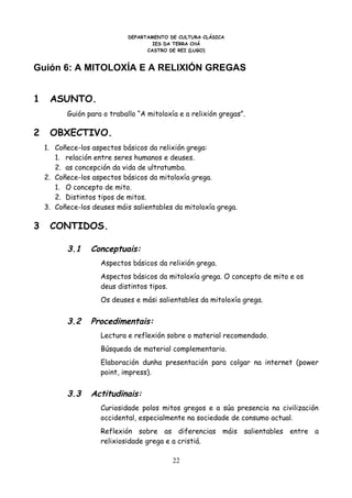 DEPARTAMENTO DE CULTURA CLÁSICA
                                     IES DA TERRA CHÁ
                                   CASTRO DE REI (LUGO)


Guión 6: A MITOLOXÍA E A RELIXIÓN GREGAS


1    ASUNTO.
          Guión para o traballo “A mitoloxía e a relixión gregas”.

2    OBXECTIVO.
    1. Coñece-los aspectos básicos da relixión grega:
       1. relación entre seres humanos e deuses.
       2. as concepción da vida de ultratumba.
    2. Coñece-los aspectos básicos da mitoloxía grega.
       1. O concepto de mito.
       2. Distintos tipos de mitos.
    3. Coñece-los deuses máis salientables da mitoloxía grega.

3    CONTIDOS.

          3.1     Conceptuais:
                    Aspectos básicos da relixión grega.
                    Aspectos básicos da mitoloxía grega. O concepto de mito e os
                    deus distintos tipos.
                    Os deuses e mási salientables da mitoloxía grega.


          3.2     Procedimentais:
                    Lectura e reflexión sobre o material recomendado.
                    Búsqueda de material complementario.
                    Elaboración dunha presentación para colgar na internet (power
                    point, impress).


          3.3     Actitudinais:
                    Curiosidade polos mitos gregos e a súa presencia na civilización
                    occidental, especialmente na sociedade de consumo actual.
                    Reflexión sobre as diferencias máis salientables entre a
                    relixiosidade grega e a cristiá.

                                           22
 