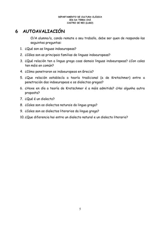DEPARTAMENTO DE CULTURA CLÁSICA
                                      IES DA TERRA CHÁ
                                    CASTRO DE REI (LUGO)



6    AUTOAVALIACIÓN
           O/A alumno/a, cando remate o seu traballo, debe ser quen de responde-las
           seguintes preguntas:
    1. ¿Qué son as linguas indoeuropeas?
    2. ¿Cáles son as principais familias de linguas indoeuropeas?
    3. ¿Qué relación ten a lingua grega coas demais linguas indoeuropeas? ¿Con cales
       ten máis en común?
    4. ¿Cómo penetraron os indoeuropeos en Grecia?
    5. ¿Que relación establecía a teoría tradicional (a de Kretschmer) entre a
       penetración dos indoeuropeos e os dialectos gregos?
    6. ¿Hoxe en día a teoría de Kretschmer é a máis admitida? ¿Hai algunha outra
       proposta?
    7. ¿Qué é un dialecto?
    8. ¿Cales son os dialectos naturais da lingua grega?
    9. ¿Cales son os dialectos literarios da lingua grega?
    10. ¿Que diferencia hai entre un dialecto natural e un dialecto literario?




                                            5
 