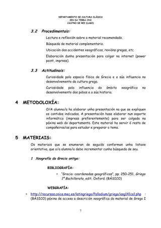 DEPARTAMENTO DE CULTURA CLÁSICA
                                     IES DA TERRA CHÁ
                                   CASTRO DE REI (LUGO)



         3.2   Procedimentais:
                  Lectura e reflexión sobre o material recomendado.
                  Búsqueda de material complementario.
                  Ubicación dos accidentes xeográficos, rexións gregas, etc.
                  Elaboración dunha presentación para colgar na internet (power
                  point, impress).


         3.3   Actitudinais:
                  Curiosidade polo espacio físico de Grecia e a súa influencia no
                  desenvolvemento da cultura grega.
                  Curiosidade pola influencia do ámbito              xeográfico    no
                  desenvolvemento dos pobos e a súa historia.


4   METODOLOXÍA:
                  O/A alumno/a ha elaborar unha presentación na que se expliquen
                  os contidos indicados. A presentación hase elaborar nun soporte
                  informático (impress preferentemente) para ser colgada na
                  páxina web do departamento. Este material ha servir ó resto de
                  compañeiros/as para estudar e preparar o tema.


5   MATERIAIS:
         Os materiais que se enumeran de seguido conforman unha listaxe
         orientativa, que o/a alumno/a debe incrementar cunha búsqueda de seu.

         1 Xeografía da Grecia antiga:

                   BIBLIOGRAFÍA:
                         •     “Grecia: coordenadas geográficas”, pp. 250-251, Griego
                               1º Bachillerato, edit. Oxford. (BÁSICO)

                   WEBGRAFÍA:
     •   http://recursos.cnice.mec.es/latingriego/Palladium/griego/esg141ca1.php :
         (BÁSICO) páxina de acceso a descrición xeográfica do material de Grego I


                                           7
 
