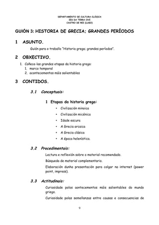 DEPARTAMENTO DE CULTURA CLÁSICA
                                       IES DA TERRA CHÁ
                                     CASTRO DE REI (LUGO)



GUIÓN 3: HISTORIA DE GRECIA; GRANDES PERÍODOS

1    ASUNTO.
          Guión para o traballo “Historia grega; grandes períodos”.

2    OBXECTIVO.
    1. Coñece-las grandes etapas da historia grega:
       1. marco temporal
       2. acontecementos máis salientables

3    CONTIDOS.

          3.1    Conceptuais:

                    1 Etapas da historia grega:
                           •     Civilización minoica
                           •     Civilización micénica
                           •     Idade escura
                           •     A Grecia arcaica
                           •     A Grecia clásica
                           •     A época helenística.


          3.2    Procedimentais:
                    Lectura e reflexión sobre o material recomendado.
                    Búsqueda de material complementario.
                    Elaboración dunha presentación para colgar na internet (power
                    point, impress).


          3.3    Actitudinais:
                    Curiosidade polos aontecementos máis salientables do mundo
                    griego.
                    Curiosidade polas semellanzas entre causas e consecuencias de


                                             9
 