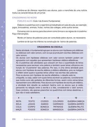 Lembre-se de oferecer repertório aos alunos, pois a manchete de uma notícia 
traduz as características de um jornal. 
CRUZADINHAS NO WORD 
PÚBLICO-ALVO: Ciclo I do Ensino Fundamental 
Elabore cruzadinhas com o repertório já trabalhado em sala de aula, por exemplo: 
jogos, brincadeiras, animais, frutas, nomes dos colegas, entre outros temas. 
Converse com os alunos para discutirem como brincar e as regras da cruzadinha. 
Faça intervenções. 
garotos e letras marca.pdf 1 1/13/10 4:08 PM 
Monte um banco de palavras para ser consultado pelos alunos, se necessário. 
Lembre-se de que há critérios na construção do banco de palavras. 
Cruzadinha na escola 
Nesta atividade, é fundamental agrupar os alunos com hipóteses pré-silábicas 
ou silábicas com valor sonoro, com os que já produzem escritas silábicas com 
valor sonoro. 
Os alunos com hipóteses silábicas com valor sonoro também podem ser 
agrupados com aqueles que apresentam hipóteses silábico-alfabéticas. 
As cruzadinhas são atividades que colocam em foco a quantidade de letras 
necessárias para escrever uma palavra e também quais letras utilizamos em 
função do “cruzamento” das palavras. Por isso, é uma ótima atividade para 
alunos com hipótese de escrita silábica e silábico-alfabética, pois os instigam 
a refletir sobre quais e quantas letras utilizar nas escritas das palavras. 
Para os alunos com hipótese de escrita alfabética, o desafio está na 
ortografia, ou seja, saber com quais letras escrever as palavras, considerando 
que muitos sons são grafados de diferentes formas, assim como várias letras 
representam sons diferentes. Para alunos com hipótese de escrita pré-silábica, 
a atividade terá desafio se puderem fazê-la com os alunos que já estão 
pensando na relação entre a escrita e a fala, considerando o valor sonoro. 
Caso contrário, vão apenas preencher os quadrinhos com letras aleatórias, o 
que não é nada satisfatório. 
4 5 6 8 12 
BOTA TEXTO COZIDO COLORIDO QUEBRA-CABEÇA 
BOLA JOGOS SABIDO CARRINHO QUEBRA-SAPATO 
COLA CORPO BONECA PATINHOS QUEBRA-PALITO 
MAÇÃ FOGOS SONECA MANDIOCA QUEBRA-CAPETA 
94 Caderno de Orientações Didáticas - Ler e Escrever - Tecnologias na Educação 
 