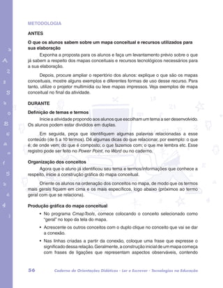 METODOLOGIA 
ANTES 
O que os alunos sabem sobre um mapa conceitual e recursos utilizados para 
sua elaboração 
Exponha a proposta para os alunos e faça um levantamento prévio sobre o que 
já sabem a respeito dos mapas conceituais e recursos tecnológicos necessários para 
a sua elaboração. 
Depois, procure ampliar o repertório dos alunos: explique o que são os mapas 
conceituais, mostre alguns exemplos e diferentes formas de uso desse recurso. Para 
tanto, utilize o projetor multimídia ou leve mapas impressos. Veja exemplos de mapa 
conceitual no final da atividade. 
garotos e letras marca.pdf 1 1/13/10 4:08 PM 
DURANTE 
Definição de temas e termos 
Inicie a atividade propondo aos alunos que escolham um tema a ser desenvolvido. 
Os alunos podem estar divididos em duplas. 
Em seguida, peça que identifiquem algumas palavras relacionadas a esse 
conteúdo (de 5 a 10 termos). Dê algumas dicas do que relacionar, por exemplo: o que 
é; de onde vem; do que é composto; o que fazemos com; o que me lembra etc. Esse 
registro pode ser feito no Power Point, no Word ou no caderno. 
Organização dos conceitos 
Agora que o aluno já identificou seu tema e termos/informações que conhece a 
respeito, inicie a construção gráfica do mapa conceitual. 
Oriente os alunos na ordenação dos conceitos no mapa, de modo que os termos 
mais gerais fiquem em cima e os mais específicos, logo abaixo (próximos ao termo 
geral com que se relaciona). 
Produção gráfica do mapa conceitual 
• No programa CmapTools, comece colocando o conceito selecionado como 
“geral” no topo da tela do mapa. 
• Acrescente os outros conceitos com o duplo clique no conceito que vai se dar 
a conexão. 
• Nas linhas criadas a partir da conexão, coloque uma frase que expresse o 
significado dessa relação. Geralmente, a construção inicial de um mapa começa 
com frases de ligações que representam aspectos observáveis, contendo 
56 Caderno de Orientações Didáticas - Ler e Escrever - Tecnologias na Educação 
 