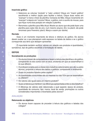 Inserindo gráfico 
• Selecione as colunas “produto” e “valor unitário”. Clique em “inserir gráfico”, 
escolhendo a melhor opção para facilitar a leitura. Clique duas vezes em 
“avançar” e insira o título da planilha: Compras do Mês. Clique novamente em 
“avançar” e depois em “concluir”. Mova o gráfico, com o auxílio do mouse, para 
que fique numa boa posição em relação à planilha. 
• Renomeie a planilha para Mês Atual. Mostre ao aluno que ele pode fazer uma 
planilha para cada mês do ano, num mesmo arquivo. (Ex: na plan2, ele pode 
renomear para Fevereiro; plan3, Março e assim por diante) 
Revisão 
garotos e letras marca.pdf 1 1/13/10 4:08 PM 
Esse é um momento importante de leitura e releitura do gráfico. Os alunos 
devem avaliar se o que planejaram está expresso na tabela de dados e se o gráfico 
corresponde aos itens que desejam apresentar. 
É importante também verificar valores em relação aos produtos e quantidades, 
somatórios, tipo de gráfico escolhido e formatação de tabela. 
DEPOIS 
Socializando as produções 
• Os alunos trocam de computadores e fazem a leitura das planilhas e do gráfico, 
comparando os dos outros com os seus, anotando em que se assemelham e 
no que diferem. 
• O professor projeta para a classe dois trabalhos selecionados (por ele ou pelos 
alunos), propondo a leitura dos dados e gráficos, comparando e analisando: 
• Quais os produtos listados pelas duplas? 
• As quantidades consumidas são as mesmas ou não? Em que se assemelham 
ou diferem? 
• Os valores são iguais para um mesmo produto? 
• Quais os fatores que interferem nas diferenças apresentadas entre os dois trabalhos? 
• A diferença de valores está relacionada a qual aspecto: época do produto, 
quantidade de consumo, tipo, marca, local de venda, promoções ou outros 
considerados importantes e levantados pelos alunos? 
AVALIAÇÃO 
Retomando os objetivos 
• Os alunos foram capazes de proceder à leitura dos gráficos e tabelas dos 
colegas? 
90 Caderno de Orientações Didáticas - Ler e Escrever - Tecnologias na Educação 
 