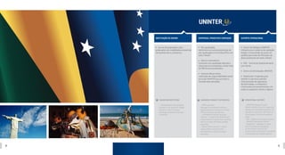 8 9
SUPORTE OPERACIONALEMPRESAS, PRODUTOS E SERVIÇOSINSTITUIÇÃO DE ENSINO
∫ Centro de Dialógica UNINTER
Infraestrutura moderna de captação,
edição e transmissão de aulas via
satélite para mais de 443 polos de
apoio presencial em todo o Brasil;
∫ CRA - Central de Relacionamento
com Aluno;
∫ Centro de Distribuição UNINTER;
∫ DataCenter: Projetado para
atender a rigorosos padrões
internacionais de segurança
de informação, o ambiente é
monitorado permanentemente, em
todos os aspectos, físicos e lógicos.
∫ Cursos de graduação e pós-
graduação nas modalidades presencial,
semipresencial e a distancia.
∫ Pós-graduação
Administra os cursos presenciais de
pós-graduação em Curitiba (PR) e em
todo o Brasil;
∫ Editora Intersaberes
Conteúdo com qualidade editorial e
visual para as instituições, tendo mais
de 500 livros já publicados;
∫ Instituto Wilson Picler
Instituição de responsabilidade social
do Grupo UNINTER que promove a
inclusão pela educação.
EDUCATION INSTITUTION
• Undergraduate and graduate
courses in the presence-based
education, semi-distance
learning and distance learning
modalities.
BUSINESS, PRODUCTS  SERVICES
• IBPEX graduate
Manages the graduate presence-
based education courses in Curitiba
(PR) and all over the country;
• Intersaberes Publishing House
Editorial - content with editorial and
visual quality for institutions, counting
with more than 500 books already
published;
• Wilson Picler Institute – social
responsibility institution that
promotes the inclusion through
education.
OPERATIONAL SUPPORT
• UNINTER Dialogical Center
Modern infrastructure for capturing,
editing and transmitting lessons via
satellite to more than 425 Face-to-
Face Support Centers throughout
Brazil;
• CRA - Relationship Student Center;
• UNINTER Distribution Center;
• DataCenter- Designed to meet
strict international standards
of information security, the
environment is constantly monitored
in all physical and logical aspects.
 