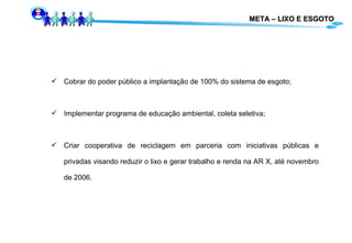 META – LIXO E ESGOTO Cobrar do poder público a implantação de 100% do sistema de esgoto; Implementar programa de educação ambiental, coleta seletiva; Criar cooperativa de reciclagem em parceria com iniciativas públicas e privadas visando reduzir o lixo e gerar trabalho e renda na AR X, até novembro de 2006. 