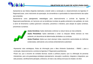 OBJETIVOS DO PLANO DE AÇÃO (PARA QUE) Apresentar-se aos líderes dirigentes destinados a decidir sobre a construção e o desenvolvimento de Agendas 21 Regionais/Locais, como instrumento de apreciação, da conveniência e oportunidade do desenvolvimento das ações aqui propostas. Apresentar-se como  planejamento   metodológico  para desenvolvimento e controle de Agendas 21 Regionais/Locais/Setoriais ,  em harmonia com as tendências mundiais da gestão ambiental e da qualidade, de modo a servir de ferramenta e prática gerencial e educativa, preventiva e interativa, para adoção de ações corretivas, preventivas e proativas . Ações Corretivas :  Ações destinadas a eliminar ou reduzir danos ao meio ambiente. Ações Preventivas :  Ações destinadas a evitar ou bloquear efeitos danosos ao meio ambiente, em decorrência de determinadas atividades e ou condutas. Ações Proativas :  Ações que visam alcançar metas, expandindo oportunidades de melhorias evidenciadas, estimulando uma conduta ambientalmente sustentável  Apresentar  rotas estratégicas ,  Rotas de Informação para o Meio Ambiente Sustentável, - RIMAS -,   para a construção, desenvolvimento e controle de Agendas 21 Regionais/Locais/Setoriais. Fazer uso, que o encontro de vontades técnicas, sociais e políticas propicia, que é a efetivação de parcerias intersetoriais, para uma  governança   estratégica  (planejamento, educação e auditoria), integrada e integradora, que este processo, cientificamente planejado, ambiciona, em todo o seu esforço de busca do simples e do fácil. 