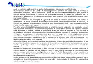Adota-se a estrutura orgânica, onde tal qual as plantas, as partes cooperam em benefício do todo. O processo de construção de Agenda 21 metodologicamente concebido tem como pilares a educação, o planejamento participativo e a ação comunicativa, e recorre aos princípios do  Aprendizado   Social , para capacitar os diversos agentes da sociedade na utilização de ferramentas científicas da gestão pela qualidade total, do gerenciamento pelas diretrizes, do planejamento estratégico, como uma nova forma compartilhada do pensar, sentir, intervir e ser coletivo.  Durante a Conferência de construção de Agenda21, em razão do exercício desenvolvido nas oficinas de planejamento, de teoria substantiva e metodologia construtivista, cientificamente concebida e conduzida, os membros dos CIs atuam como facilitadores em todas as fases. Busca-se assim, obter a maior sinergia possível entre o saber científico e a sabedoria popular. Por certo, um grande obstáculo ao estabelecimento de um clima criador e cooperativo nas sociedades para um desenvolvimento harmonioso, é o conformismo onipresente. A questão básica consiste em superar a alienação, evitar a paralisia da reflexão, melhorar a comunicação e relações sociais e humanas, e, criar um clima de aprendizagem, cooperação e compartilhamento propício ao consenso e à adesão. É essencial a sensibilização, mobilização e conscientização de todos, de modo a gerar uma nova relação entre os agentes públicos, privados e comunitários, onde todos assumem um novo papel e responsabilidades, tendo o poder público a missão de atuar como elemento catalisador e articulador, na rota da reconstrução da fé pública, onde cada um cumpra com o seu dever na persecução de um futuro desejável.  Recorremos então, a um conjunto de dinâmicas ludo-pedagógico voltadas para a estruturação de equipes de alta performance (CIs), de forma a estender os conceitos de desenvolvimento sustentável  e qualidade de vida, em seus aspectos cognitivos (que entram na mente e no coração das pessoas) e operativos (que se inserem na realidade das pessoas). Num esforço empreendido para equilibrar a ‘ lógica passional’  – fruto da integração de interesses diversos e do momento caótico de transição que ora passamos - com a ‘ lógica racional’  necessária à instrumentalização e operacionalização do planejamento estratégico, busca-se através da  Prática Comunicativa  melhorar a qualidade da participação e dos debates, e estabelecer competências coletivas para o surgimento de  propriedades emergentes , próprias do processo de interação. Através dessa prática, é possível estabelecer uma política de boa COMPANHIA, para impulsionar a energia à Ação necessária ao desenvolvimento dos trabalhos de construção e implementação de Agenda 21, capacitando a sociedade nos processos relacionais de: 