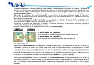 É utilizada uma didática cognitiva capaz de tornar possível o entendimento (o que entra no coração e na mente de todos), e ao mesmo tempo operativa capaz de tornar possível o exercício do conhecimento apreendido (o que entra na realidade de todos), num esforço de tornar o processo ensino-aprendizagem simples e fácil, por que o que é simples é fácil de conseguir. O processo de certificação dos agendeiros das CIs na competência de planejamento de construção de Agenda 21 do seu local é validado, registrado e chancelado pela UNEB, após a conclusão do exercício: Conferência realizada e Agenda 21 Local construída.  Aos agendeiros participantes da Conferência por esses planejada é conferido o Certificado de Autoria da Agenda 21 Local respectiva, também validado e chancelado pela UNEB. Os Termos de Adesão são resultantes da atração e conquista das forças da sociedade, evidência objetiva do exercício dos planejadores, durante todo o processo. No exercício de construção de Agenda 21, faz-se uso de duas  abordagens : Abordagem via processo: com ênfase na aprendizagem e nos relacionamentos Abordagem via programa: com ênfase nos procedimentos e nos resultados  Fonte: Oliveira    Oliveira, 1994 A abordagem  via processo  inicia com a atração e adesão de agendeiros. Em laboratórios de relações humanas são trabalhados princípios e valores que visam firmar uma ética de responsabilidades e a construção de vínculos necessários para estruturar os CIs locais, em sua dinâmica de atrair e acolher novos agendeiros como exercício essencial. Nessa abordagem, como foco na aprendizagem e na qualidade dos relacionamentos, a ação desenvolve-se segundo as habilidades e competências pessoais o ritmo e  dinâmica  da própria sociedade. A abordagem  via programa  acontece no momento de  intervenção racional , através da implantação do projeto de construção da Agenda 21, onde utiliza-se: do  instrumentalismo   lógico  para a mobilização, nucleação e capacitação dos CIs, com  foco em procedimentos resultados  para produzir pequenas e rápidas conquistas ao longo de todo processo. 