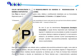 CICLOS METODOLÓGIC0S PARA O DESENVOLVIMENTO DE AGENDAS 21  REGIONAIS/LOCAIS  E DINÂMICA PARTICIPATIVA  (QUEM) (COMO) Este  Plano  se desvendará, em 4 (quatro) ciclos, didática e cientificamente trabalhados com as Comunidades Regionais/Locais: (I)  P lanejamento ; (II)  Desenvolvimento ; (III)  C ontrole ; e (IV)  A ções  Proativas. “ O Planejamento deveria começar pela análise das necessidades do homem e pelo exame de como suprí-las de forma eficiente e eqüitativa”. UICN, PNUMA e WKF - “ Cuidando do Planeta Terra” No ciclo (I) que ora denominamos  Planejamento Estratégico Comunitário , a equipe técnica responsável pela implantação da Agenda 21, trabalhará com as comunidades no sentido: de expandir os princípios, diretrizes e objetivos da Agenda 21 a nível nacional e estadual; e, de identificar e priorizar “a priori” (auto-diagnóstico) as principais questões sócio-econômico-ambientais regionais/locais (riscos e oportunidades). Esse ciclo intenta fomentar uma reflexão sobre a qualidade sócio-econômico-ambiental da região, numa visão de futuro (visão de sucesso), vital para construção de Planos de Ação Comunitários (Agenda 21 Regional/Local ). Esses Planos (macro medidas) deverão representar as diretrizes para um Pacto de Conduta Sócio Ambiental (Termos de Adesão) e deverão ser desdobrados em Planos Setoriais para o desenvolvimento sustentável regional/local. 