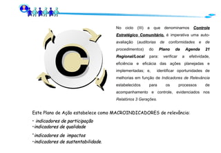 No ciclo (III) a que denominamos  Controle Estratégico Comunitário ,  é imperativa uma auto-avaliação ( auditorias de conformidades e de procedimentos ) do  Plano da Agenda 21 Regional/Local  para: verificar a efetividade, eficiência e eficácia das ações planejadas e implementadas; e,  identificar oportunidades de melhorias em função de  Indicadores de Relevância  estabelecidos para os processos de acompanhamento e controle, evidenciados nos  Relatórios 3 Gerações. Este Plano de Ação estabelece como MACROINDICADORES de relevância:  indicadores   de   participação indicadores de qualidade  indicadores de   impactos indicadores de sustentabilidade . C 