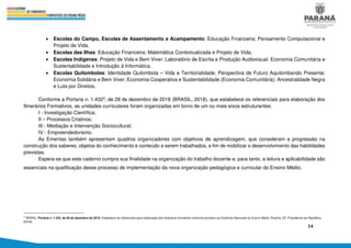 14
• Escolas do Campo, Escolas de Assentamento e Acampamento: Educação Financeira; Pensamento Computacional e
Projeto de Vida.
• Escolas das Ilhas: Educação Financeira; Matemática Contextualizada e Projeto de Vida.
• Escolas Indígenas: Projeto de Vida e Bem Viver; Laboratório de Escrita e Produção Audiovisual; Economia Comunitária e
Sustentabilidade e Introdução à Informática.
• Escolas Quilombolas: Identidade Quilombola – Vida e Territorialidade; Perspectiva de Futuro Aquilombando Presente;
Economia Solidária e Bem Viver; Economia Cooperativa e Sustentabilidade (Economia Comunitária); Ancestralidade Negra
e Luta por Direitos.
Conforme a Portaria n. 1.4323, de 28 de dezembro de 2018 (BRASIL, 2018), que estabelece os referenciais para elaboração dos
Itinerários Formativos, as unidades curriculares foram organizadas em torno de um ou mais eixos estruturantes:
I - Investigação Científica;
II – Processos Criativos;
III - Mediação e Intervenção Sociocultural;
IV - Empreendedorismo.
As Ementas também apresentam quadros organizadores com objetivos de aprendizagem, que consideram a progressão na
construção dos saberes; objetos do conhecimento e conteúdo a serem trabalhados, a fim de mobilizar o desenvolvimento das habilidades
previstas.
Espera-se que este caderno cumpra sua finalidade na organização do trabalho docente e, para tanto, a leitura e aplicabilidade são
essenciais na qualificação desse processo de implementação da nova organização pedagógica e curricular do Ensino Médio.
3 BRASIL. Portaria n. 1.432, de 28 de dezembro de 2018. Estabelece os referenciais para elaboração dos itinerários formativos conforme preveem as Diretrizes Nacionais do Ensino Médio. Brasília, DF: Presidência da República,
[2018].
 