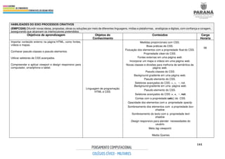 141
HABILIDADES DO EIXO PROCESSOS CRIATIVOS
(EMIFCG06) Difundir novas ideias, propostas, obras ou soluções por meio de diferentes linguagens, mídias e plataformas, analógicas e digitais, com confiança e coragem,
assegurando que alcancem os interlocutores pretendidos.
Objetivos de aprendizagem Objetos do
Conhecimento
Conteúdos Carga
Horária
Importar conteúdo externo na página HTML, como fontes,
vídeos e mapas.
Conhecer pseudo-classes e pseudo-elementos.
Utilizar seletores de CSS avançados.
Compreender e aplicar viewport e design responsivo para
computador, smartphone e tablet.
Linguagem de programação
HTML e CSS.
Medidas proporcionais com CSS.
Boas práticas de CSS.
Flutuação dos elementos com a propriedade float do CSS.
Propriedade clean do CSS.
Fontes externas em uma página web.
Incorporar um mapa e vídeos em uma página web.
Novas classes e divisões para melhoria de semântica da
página web.
Pseudo-classes do CSS.
Background gradiente em uma página web.
Pseudo-elemento do CSS.
Seletores avançados do CSS: >, +, ~, not.
Background gradiente em uma página web.
Pseudo-elemento do CSS.
Seletores avançados do CSS: >, +, ~, not.
Contas com a propriedade calc() do CSS.
Opacidade dos elementos com a propriedade opacity.
Sombreamento dos elementos com a propriedade box-
shadow.
Sombreamento do texto com a propriedade text-
shadow.
Design responsivo para atender necessidades do
usuário.
Meta tag viewpoint.
Media Queries.
08
 