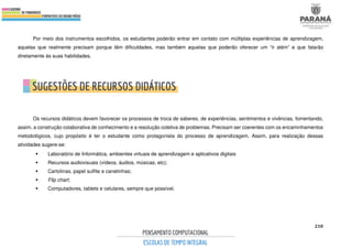210
Por meio dos instrumentos escolhidos, os estudantes poderão entrar em contato com múltiplas experiências de aprendizagem,
aquelas que realmente precisam porque têm dificuldades, mas também aquelas que poderão oferecer um “ir além” e que falarão
diretamente às suas habilidades.
Os recursos didáticos devem favorecer os processos de troca de saberes, de experiências, sentimentos e vivências, fomentando,
assim, a construção colaborativa de conhecimento e a resolução coletiva de problemas. Precisam ser coerentes com os encaminhamentos
metodológicos, cujo propósito é ter o estudante como protagonista do processo de aprendizagem. Assim, para realização dessas
atividades sugere-se:
 Laboratório de Informática, ambientes virtuais de aprendizagem e aplicativos digitais
 Recursos audiovisuais (vídeos, áudios, músicas, etc);
 Cartolinas, papel sulfite e canetinhas;
 Flip chart;
 Computadores, tablets e celulares, sempre que possível.
 