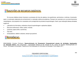 293
Os recursos didáticos devem favorecer os processos de troca de saberes, de experiências, sentimentos e vivências, fomentando,
assim, a construção colaborativa de conhecimento e a resolução coletiva de problemas. Precisam ser coerentes com os encaminhamentos
metodológicos, cujo propósito é ter o estudante como protagonista do processo de aprendizagem. Assim, para realização dessas atividades
sugere-se:
 Laboratório de Informática, ambientes virtuais de aprendizagem e aplicativos digitais;
 Recursos audiovisuais: vídeos, áudios, músicas;
 Cartolinas, papel sulfite e canetinhas;
 Flip chart;
 Computadores, tablets e celulares, sempre que possível.
BRACKMANN, Christian Puhlmann. Desenvolvimento do Pensamento Computacional através de atividades desplugadas
na educação básica. Tese (Doutorado) - Universidade Federal do Rio Grande do Sul, Centro de Estudos Interdisciplinares em
Novas Tecnologias na Educação, Programa de Pós-Graduação em Informática na Educação, Porto Alegre, 2017.
 