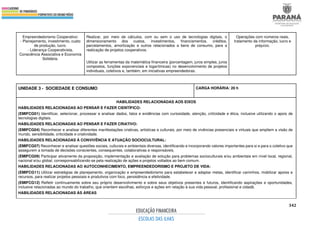 342
Empreendedorismo Cooperativo:
- Planejamento, investimento, custo
de produção, lucro.
- Liderança Cooperativista,
Consciência Associativa e Economia
Solidária.
Realizar, por meio de cálculos, com ou sem o uso de tecnologias digitais, o
dimensionamento dos custos, investimentos, financiamentos, créditos,
parcelamentos, amortização e outros relacionados a bens de consumo, para a
realização de projetos cooperativos.
Utilizar as ferramentas da matemática financeira (porcentagem, juros simples, juros
compostos, funções exponenciais e logarítmicas) no desenvolvimento de projetos
individuais, coletivos e, também, em iniciativas empreendedoras.
Operações com números reais,
tratamento da informação, lucro e
prejuízo.
UNIDADE 3 - SOCIEDADE E CONSUMO CARGA HORÁRIA: 20 h
HABILIDADES RELACIONADAS AOS EIXOS
HABILIDADES RELACIONADAS AO PENSAR E FAZER CIENTÍFICO:
(EMIFCG01) Identificar, selecionar, processar e analisar dados, fatos e evidências com curiosidade, atenção, criticidade e ética, inclusive utilizando o apoio de
tecnologias digitais.
HABILIDADES RELACIONADAS AO PENSAR E FAZER CRIATIVO:
(EMIFCG04) Reconhecer e analisar diferentes manifestações criativas, artísticas e culturais, por meio de vivências presenciais e virtuais que ampliem a visão de
mundo, sensibilidade, criticidade e criatividade.
HABILIDADES RELACIONADAS À CONVIVÊNCIA E ATUAÇÃO SOCIOCULTURAL:
(EMIFCG07) Reconhecer e analisar questões sociais, culturais e ambientais diversas, identificando e incorporando valores importantes para si e para o coletivo que
assegurem a tomada de decisões conscientes, consequentes, colaborativas e responsáveis.
(EMIFCG09) Participar ativamente da proposição, implementação e avaliação de solução para problemas socioculturais e/ou ambientais em nível local, regional,
nacional e/ou global, corresponsabilizando-se pela realização de ações e projetos voltados ao bem comum.
HABILIDADES RELACIONADAS AO AUTOCONHECIMENTO, EMPREENDEDORISMO E PROJETO DE VIDA:
(EMIFCG11) Utilizar estratégias de planejamento, organização e empreendedorismo para estabelecer e adaptar metas, identificar caminhos, mobilizar apoios e
recursos, para realizar projetos pessoais e produtivos com foco, persistência e efetividade.
(EMIFCG12) Refletir continuamente sobre seu próprio desenvolvimento e sobre seus objetivos presentes e futuros, identificando aspirações e oportunidades,
inclusive relacionadas ao mundo do trabalho, que orientem escolhas, esforços e ações em relação à sua vida pessoal, profissional e cidadã.
HABILIDADES RELACIONADAS ÀS ÁREAS
 
