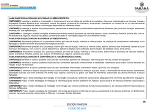 343
HABILIDADES RELACIONADAS AO PENSAR E FAZER CIENTÍFICO:
(EMIFLGG01) Investigar e analisar a organização, o funcionamento e/ou os efeitos de sentido de enunciados e discursos materializados nas diversas línguas e
linguagens (imagens estáticas e em movimento; música; linguagens corporais e do movimento, entre outras), situando-os no contexto de um ou mais campos de
atuação social e considerando dados e informações disponíveis em diferentes mídias.
(EMIFMAT01) Investigar e analisar situações-problema identificando e selecionando conhecimentos matemáticos relevantes para uma dada situação, elaborando
modelos para sua representação.
(EMIFCHSA01) Investigar e analisar situações-problema envolvendo temas e processos de natureza histórica, social, econômica, filosófica, política e/ou cultural,
em âmbito local, regional, nacional e/ou global, considerando dados e informações disponíveis em diferentes mídias.
HABILIDADES RELACIONADAS AO PENSAR E FAZER CRIATIVO:
(EMIFMAT04) Reconhecer produtos e/ ou processos criativos por meio de fruição, vivências e reflexão crítica na produção do conhecimento matemático e sua
aplicação no desenvolvimento de processos tecnológicos diversos.
(EMIFCNT04) Reconhecer produtos e/ou processos criativos por meio de fruição, vivências e reflexão crítica sobre a dinâmica dos fenômenos naturais e/ou de
processos tecnológicos, com ou sem o uso de dispositivos e aplicativos digitais (como softwares de simulação e de realidade virtual, entre outros).
(EMIFCHSA04) Reconhecer produtos e/ou processos criativos por meio de fruição, vivências e reflexão crítica sobre temas e processos de natureza histórica,
social, econômica, filosófica, política e/ou cultural, em âmbito local, regional, nacional e/ou global.
HABILIDADES RELACIONADAS À CONVIVÊNCIA E ATUAÇÃO SOCIOCULTURAL:
(EMIFLGG07) Identificar e explicar questões socioculturais e ambientais passíveis de mediação e intervenção por meio de práticas de linguagem
(EMIFMAT07) Identificar e explicar questões socioculturais e ambientais aplicando conhecimentos e habilidades matemáticas para avaliar e tomar decisões em
relação ao que foi observado.
(EMIFCNT07) Identificar e explicar questões socioculturais e ambientais relacionadas a fenômenos físicos, químicos e/ou biológicos.
(EMIFCHSA07) Identificar e explicar situações em que ocorram conflitos, desequilíbrios e ameaças a grupos sociais, à diversidade de modos de vida, às diferentes
identidades culturais e ao meio ambiente, em âmbito local, regional, nacional e/ ou global, com base em fenômenos relacionados às Ciências Humanas e Sociais
Aplicadas.
(EMIFLGG09) Propor e testar estratégias de mediação e intervenção sociocultural e ambiental, selecionando adequadamente elementos das diferentes linguagens.
(EMIFMAT09) Propor e testar estratégias de mediação e intervenção para resolver problemas de natureza sociocultural e de natureza ambiental relacionados à
Matemática.
(EMIFCNT09) Propor e testar estratégias de mediação e intervenção para resolver problemas de natureza sociocultural e de natureza ambiental relacionados às
Ciências da Natureza.
(EMIFCHSA09) Propor e testar estratégias de mediação e intervenção para resolver problemas de natureza sociocultural e de natureza ambiental, em âmbito local,
regional, nacional e/ou global, relacionados às Ciências Humanas e Sociais Aplicadas.
 