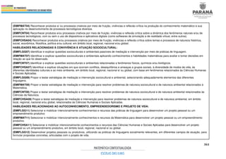 361
(EMIFMAT04) Reconhecer produtos e/ ou processos criativos por meio de fruição, vivências e reflexão crítica na produção do conhecimento matemático e sua
aplicação no desenvolvimento de processos tecnológicos diversos.
(EMIFCNT04) Reconhecer produtos e/ou processos criativos por meio de fruição, vivências e reflexão crítica sobre a dinâmica dos fenômenos naturais e/ou de
processos tecnológicos, com ou sem o uso de dispositivos e aplicativos digitais (como softwares de simulação e de realidade virtual, entre outros).
(EMIFCHSA04) Reconhecer produtos e/ou processos criativos por meio de fruição, vivências e reflexão crítica sobre temas e processos de natureza histórica,
social, econômica, filosófica, política e/ou cultural, em âmbito local, regional, nacional e/ou global.
HABILIDADES RELACIONADAS À CONVIVÊNCIA E ATUAÇÃO SOCIOCULTURAL:
(EMIFLGG07) Identificar e explicar questões socioculturais e ambientais passíveis de mediação e intervenção por meio de práticas de linguagem.
(EMIFMAT07) Identificar e explicar questões socioculturais e ambientais aplicando conhecimentos e habilidades matemáticas para avaliar e tomar decisões em
relação ao que foi observado.
(EMIFCNT07) Identificar e explicar questões socioculturais e ambientais relacionadas a fenômenos físicos, químicos e/ou biológicos.
(EMIFCHSA07) Identificar e explicar situações em que ocorram conflitos, desequilíbrios e ameaças a grupos sociais, à diversidade de modos de vida, às
diferentes identidades culturais e ao meio ambiente, em âmbito local, regional, nacional e/ ou global, com base em fenômenos relacionados às Ciências Humanas
e Sociais Aplicadas.
(EMIFLGG09) Propor e testar estratégias de mediação e intervenção sociocultural e ambiental, selecionando adequadamente elementos das diferentes
linguagens.
(EMIFMAT09) Propor e testar estratégias de mediação e intervenção para resolver problemas de natureza sociocultural e de natureza ambiental relacionados à
Matemática.
(EMIFCNT09) Propor e testar estratégias de mediação e intervenção para resolver problemas de natureza sociocultural e de natureza ambiental relacionados às
Ciências da Natureza.
(EMIFCHSA09) Propor e testar estratégias de mediação e intervenção para resolver problemas de natureza sociocultural e de natureza ambiental, em âmbito
local, regional, nacional e/ou global, relacionados às Ciências Humanas e Sociais Aplicadas.
HABILIDADES RELACIONADAS AO AUTOCONHECIMENTO, EMPREENDEDORISMO E PROJETO DE VIDA:
(EMIFLGG11) Selecionar e mobilizar intencionalmente conhecimentos e recursos das práticas de linguagem para desenvolver um projeto pessoal ou um
empreendimento produtivo
(EMIFMAT11) Selecionar e mobilizar intencionalmente conhecimentos e recursos da Matemática para desenvolver um projeto pessoal ou um empreendimento
produtivo.
(EMIFCHSA11) Selecionar e mobilizar intencionalmente conhecimentos e recursos das Ciências Humanas e Sociais Aplicadas para desenvolver um projeto
pessoal ou um empreendimento produtivo, em âmbito local, regional, nacional e/ ou global.
(EMIFLGG12) Desenvolver projetos pessoais ou produtivos, utilizando as práticas de linguagens socialmente relevantes, em diferentes campos de atuação, para
formular propostas concretas, articuladas com o projeto de vida.
 