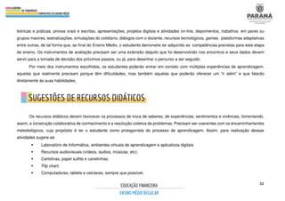 32
teóricas e práticas, provas orais e escritas, apresentações, projetos digitais e atividades on-line, depoimentos, trabalhos em pares ou
grupos maiores, teatralizações, simulações do cotidiano, diálogos com o docente, recursos tecnológicos, games, plataformas adaptativas
entre outras, de tal forma que, ao final do Ensino Médio, o estudante demonstre ter adquirido as competências previstas para esta etapa
de ensino. Os instrumentos de avaliação precisam ser uma extensão daquilo que foi desenvolvido nos encontros e seus dados devem
servir para a tomada de decisão dos próximos passos, ou já, para desenhar o percurso a ser seguido.
Por meio dos instrumentos escolhidos, os estudantes poderão entrar em contato com múltiplas experiências de aprendizagem,
aquelas que realmente precisam porque têm dificuldades, mas também aquelas que poderão oferecer um “ir além” e que falarão
diretamente às suas habilidades.
Os recursos didáticos devem favorecer os processos de troca de saberes, de experiências, sentimentos e vivências, fomentando,
assim, a construção colaborativa de conhecimento e a resolução coletiva de problemas. Precisam ser coerentes com os encaminhamentos
metodológicos, cujo propósito é ter o estudante como protagonista do processo de aprendizagem. Assim, para realização dessas
atividades sugere-se:
 Laboratório de Informática, ambientes virtuais de aprendizagem e aplicativos digitais
 Recursos audiovisuais (vídeos, áudios, músicas, etc);
 Cartolinas, papel sulfite e canetinhas;
 Flip chart;
 Computadores, tablets e celulares, sempre que possível.
 