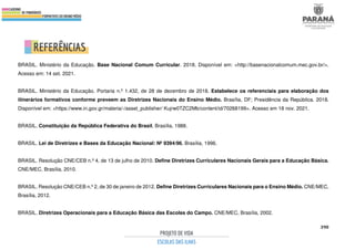 390
BRASIL. Ministério da Educação. Base Nacional Comum Curricular. 2018. Disponível em: <http://basenacionalcomum.mec.gov.br/>.
Acesso em: 14 set. 2021.
BRASIL. Ministério da Educação. Portaria n.º 1.432, de 28 de dezembro de 2018. Estabelece os referenciais para elaboração dos
itinerários formativos conforme preveem as Diretrizes Nacionais do Ensino Médio. Brasília, DF; Presidência da República. 2018.
Disponível em: <https://www.in.gov.gr/materia/-/asset_publisher/ Kujrw0TZC2Mb/content/id/70268199>. Acesso em 18 nov. 2021.
BRASIL. Constituição da República Federativa do Brasil, Brasília, 1988.
BRASIL. Lei de Diretrizes e Bases da Educação Nacional: Nº 9394/96. Brasília, 1996.
BRASIL. Resolução CNE/CEB n.º 4, de 13 de julho de 2010. Define Diretrizes Curriculares Nacionais Gerais para a Educação Básica.
CNE/MEC, Brasília, 2010.
BRASIL. Resolução CNE/CEB n.º 2, de 30 de janeiro de 2012. Define Diretrizes Curriculares Nacionais para o Ensino Médio. CNE/MEC,
Brasília, 2012.
BRASIL. Diretrizes Operacionais para a Educação Básica das Escolas do Campo. CNE/MEC, Brasília, 2002.
 