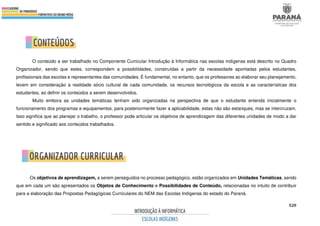 520
O conteúdo a ser trabalhado no Componente Curricular Introdução à Informática nas escolas indígenas está descrito no Quadro
Organizador, sendo que estes, correspondem a possibilidades, construídas a partir da necessidade apontadas pelos estudantes,
profissionais das escolas e representantes das comunidades. É fundamental, no entanto, que os professores ao elaborar seu planejamento,
levem em consideração a realidade sócio cultural de cada comunidade, os recursos tecnológicos da escola e as características dos
estudantes, ao definir os conteúdos a serem desenvolvidos.
Muito embora as unidades temáticas tenham sido organizadas na perspectiva de que o estudante entenda inicialmente o
funcionamento dos programas e equipamentos, para posteriormente fazer a aplicabilidade, estas não são estanques, mas se intercruzam.
Isso significa que ao planejar o trabalho, o professor pode articular os objetivos de aprendizagem das diferentes unidades de modo a dar
sentido e significado aos conteúdos trabalhados.
Os objetivos de aprendizagem, a serem perseguidos no processo pedagógico, estão organizados em Unidades Temáticas, sendo
que em cada um são apresentados os Objetos de Conhecimento e Possibilidades de Conteúdo, relacionadas no intuito de contribuir
para a elaboração das Propostas Pedagógicas Curriculares do NEM das Escolas Indígenas do estado do Paraná.
 