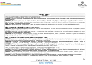 562
UNIDADE TEMÁTICA
VALORES
HABILIDADES RELACIONADAS AO PENSAR E FAZER CIENTÍFICO:
(EMIFCG01) Identificar, selecionar, processar e analisar dados, fatos e evidências com curiosidade, atenção, criticidade e ética, inclusive utilizando o apoio de
tecnologias digitais.
(EMIFCG02) Posicionar-se com base em critérios científicos, éticos e estéticos, utilizando dados, fatos e evidências para respaldar conclusões, opiniões e
argumentos, por meio de afirmações claras, ordenadas, coerentes e compreensíveis, sempre respeitando valores universais, como liberdade, democracia, justiça
social, pluralidade, solidariedade e sustentabilidade.
(EMIFCG03) Utilizar informações, conhecimentos e ideias resultantes de investigações científicas para criar ou propor soluções para problemas diversos.
HABILIDADES RELACIONADAS AO PENSAR E FAZER CRIATIVO:
(EMIFCG04) Reconhecer e analisar diferentes manifestações criativas, artísticas e culturais, por meio de vivências presenciais e virtuais que ampliem a visão de
mundo, sensibilidade, criticidade e criatividade.
(EMIFCG05) Questionar, modificar e adaptar ideias existentes e criar propostas, obras ou soluções criativas, originais ou inovadoras, avaliando e assumindo riscos
para lidar com as incertezas e colocá-las em prática.
(EMIFCG06) Difundir novas ideias, propostas, obras ou soluções por meio de diferentes linguagens, mídias e plataformas, analógicas e digitais, com confiança e
coragem, assegurando que alcancem os interlocutores pretendidos.
HABILIDADES RELACIONADAS À CONVIVÊNCIA E ATUAÇÃO SOCIOCULTURAL:
(EMIFCG07) Reconhecer e analisar questões sociais, culturais e ambientais diversas, identificando e incorporando valores importantes para si e para o coletivo que
assegurem a tomada de decisões conscientes, consequentes, colaborativas e responsáveis.
(EMIFCG08) Compreender e considerar a situação, a opinião e o sentimento do outro, agindo com empatia, flexibilidade e resiliência para promover o diálogo, a
colaboração, a mediação e resolução de conflitos, o combate ao preconceito e a valorização da diversidade.
(EMIFCG09) Participar ativamente da proposição, implementação e avaliação de solução para problemas socioculturais e/ou ambientais em nível local, regional,
nacional e/ou global, corresponsabilizando-se pela realização de ações e projetos voltados ao bem comum.
HABILIDADES RELACIONADAS AO AUTOCONHECIMENTO, EMPREENDEDORISMO E PROJETO DE VIDA
(EMIFCG10) Reconhecer e utilizar qualidades e fragilidades pessoais com confiança para superar desafios e alcançar objetivos pessoais e profissionais, agindo de
forma proativa e empreendedora e perseverando em situações de estresse, frustração, fracasso e adversidade.
(EMIFCG11) Utilizar estratégias de planejamento, organização e empreendedorismo para estabelecer e adaptar metas, identificar caminhos, mobilizar apoios e
recursos, para realizar projetos pessoais e produtivos com foco, persistência e efetividade.
(EMIFCG12) Refletir continuamente sobre seu próprio desenvolvimento e sobre seus objetivos presentes e futuros, identificando aspirações e oportunidades,
inclusive relacionadas ao mundo do trabalho, que orientem escolhas, esforços e ações em relação à sua vida pessoal, profissional e cidadã.
 