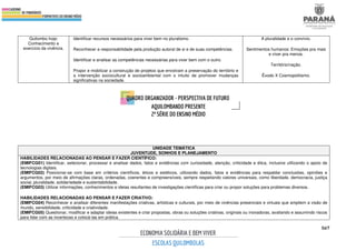 567
Quilombo hoje:
Conhecimento e
exercício da vivência.
Identificar recursos necessários para viver bem no pluralismo.
Reconhecer a responsabilidade pela produção autoral de si e de suas competências.
Identificar e analisar as competências necessárias para viver bem com o outro.
Propor e mobilizar a construção de projetos que envolvam a preservação do território e
a intervenção sociocultural e socioambiental com o intuito de promover mudanças
significativas na sociedade.
A pluralidade e o convívio.
Sentimentos humanos: Emoções pra mais
e viver pra menos.
Território/nação.
Êxodo X Cosmopolitismo.
UNIDADE TEMÁTICA
JUVENTUDE, SONHOS E PLANEJAMENTO
HABILIDADES RELACIONADAS AO PENSAR E FAZER CIENTÍFICO:
(EMIFCG01) Identificar, selecionar, processar e analisar dados, fatos e evidências com curiosidade, atenção, criticidade e ética, inclusive utilizando o apoio de
tecnologias digitais.
(EMIFCG02) Posicionar-se com base em critérios científicos, éticos e estéticos, utilizando dados, fatos e evidências para respaldar conclusões, opiniões e
argumentos, por meio de afirmações claras, ordenadas, coerentes e compreensíveis, sempre respeitando valores universais, como liberdade, democracia, justiça
social, pluralidade, solidariedade e sustentabilidade.
(EMIFCG03) Utilizar informações, conhecimentos e ideias resultantes de investigações científicas para criar ou propor soluções para problemas diversos.
HABILIDADES RELACIONADAS AO PENSAR E FAZER CRIATIVO:
(EMIFCG04) Reconhecer e analisar diferentes manifestações criativas, artísticas e culturais, por meio de vivências presenciais e virtuais que ampliem a visão de
mundo, sensibilidade, criticidade e criatividade.
(EMIFCG05) Questionar, modificar e adaptar ideias existentes e criar propostas, obras ou soluções criativas, originais ou inovadoras, avaliando e assumindo riscos
para lidar com as incertezas e colocá-las em prática.
 