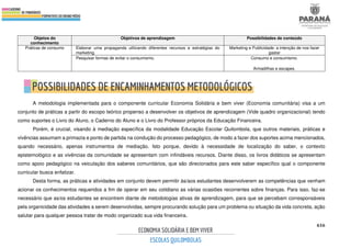 616
Objetos do
conhecimento
Objetivos de aprendizagem Possibilidades de conteúdo
Práticas de consumo Elaborar uma propaganda utilizando diferentes recursos e estratégias do
marketing.
Marketing e Publicidade: a intenção de nos fazer
gastar
Pesquisar formas de evitar o consumismo. Consumo e consumismo.
Armadilhas e escapes.
A metodologia implementada para o componente curricular Economia Solidária e bem viver (Economia comunitária) visa a um
conjunto de práticas a partir do escopo teórico propenso a desenvolver os objetivos de aprendizagem (Vide quadro organizacional) tendo
como suportes o Livro do Aluno, o Caderno do Aluno e o Livro do Professor próprios da Educação Financeira.
Porém, é crucial, visando à mediação específica da modalidade Educação Escolar Quilombola, que outros materiais, práticas e
vivências assumam a primazia e ponto de partida na condução do processo pedagógico, de modo a fazer dos suportes acima mencionados,
quando necessário, apenas instrumentos de mediação. Isto porque, devido à necessidade de localização do saber, o contexto
epistemológico e as vivências da comunidade se apresentam com infindáveis recursos. Diante disso, os livros didáticos se apresentam
como apoio pedagógico na veiculação dos saberes comunitários, que são direcionados para este saber específico qual o componente
curricular busca enfatizar.
Desta forma, as práticas e atividades em conjunto devem permitir às/aos estudantes desenvolverem as competências que venham
acionar os conhecimentos requeridos a fim de operar em seu cotidiano as várias ocasiões recorrentes sobre finanças. Para isso, faz-se
necessário que as/os estudantes se encontrem diante de metodologias ativas de aprendizagem, para que se percebam corresponsáveis
pela organicidade das atividades a serem desenvolvidas, sempre procurando solução para um problema ou situação da vida concreta, ação
salutar para qualquer pessoa tratar de modo organizado sua vida financeira.
 