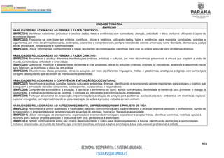 631
UNIDADE TEMÁTICA
EMPREGO
HABILIDADES RELACIONADAS AO PENSAR E FAZER CIENTÍFICO:
(EMIFCG01) Identificar, selecionar, processar e analisar dados, fatos e evidências com curiosidade, atenção, criticidade e ética, inclusive utilizando o apoio de
tecnologias digitais.
(EMIFCG02) Posicionar-se com base em critérios científicos, éticos e estéticos, utilizando dados, fatos e evidências para respaldar conclusões, opiniões e
argumentos, por meio de afirmações claras, ordenadas, coerentes e compreensíveis, sempre respeitando valores universais, como liberdade, democracia, justiça
social, pluralidade, solidariedade e sustentabilidade.
(EMIFCG03) Utilizar informações, conhecimentos e ideias resultantes de investigações científicas para criar ou propor soluções para problemas diversos.
HABILIDADES RELACIONADAS AO PENSAR E FAZER CRIATIVO:
(EMIFCG04) Reconhecer e analisar diferentes manifestações criativas, artísticas e culturais, por meio de vivências presenciais e virtuais que ampliem a visão de
mundo, sensibilidade, criticidade e criatividade.
(EMIFCG05) Questionar, modificar e adaptar ideias existentes e criar propostas, obras ou soluções criativas, originais ou inovadoras, avaliando e assumindo riscos
para lidar com as incertezas e oloca-las em prática.
(EMIFCG06) Difundir novas ideias, propostas, obras ou soluções por meio de diferentes linguagens, mídias e plataformas, analógicas e digitais, com confiança e
coragem, assegurando que alcancem os interlocutores pretendidos.
HABILIDADES RELACIONADAS À CONVIVÊNCIA E ATUAÇÃO SOCIOCULTURAL:
(EMIFCG07) Reconhecer e analisar questões sociais, culturais e ambientais diversas, identificando e incorporando valores importantes para si e para o coletivo que
assegurem a tomada de decisões conscientes, consequentes, colaborativas e responsáveis.
(EMIFCG08) Compreender e considerar a situação, a opinião e o sentimento do outro, agindo com empatia, flexibilidade e resiliência para promover o diálogo, a
colaboração, a mediação e resolução de conflitos, o combate ao preconceito e a valorização da diversidade.
(EMIFCG09) Participar ativamente da proposição, implementação e avaliação de solução para problemas socioculturais e/ou ambientais em nível local, regional,
nacional e/ou global, corresponsabilizando-se pela realização de ações e projetos voltados ao bem comum.
HABILIDADES RELACIONADAS AO AUTOCONHECIMENTO, EMPREENDEDORISMO E PROJETO DE VIDA
(EMIFCG10) Reconhecer e utilizar qualidades e fragilidades pessoais com confiança para superar desafios e alcançar objetivos pessoais e profissionais, agindo de
forma proativa e empreendedora e perseverando em situações de estresse, frustração, fracasso e adversidade.
(EMIFCG11) Utilizar estratégias de planejamento, organização e empreendedorismo para estabelecer e adaptar metas, identificar caminhos, mobilizar apoios e
recursos, para realizar projetos pessoais e produtivos com foco, persistência e efetividade.
(EMIFCG12) Refletir continuamente sobre seu próprio desenvolvimento e sobre seus objetivos presentes e futuros, identificando aspirações e oportunidades,
inclusive relacionadas ao mundo do trabalho, que orientem escolhas, esforços e ações em relação à sua vida pessoal, profissional e cidadã.
 