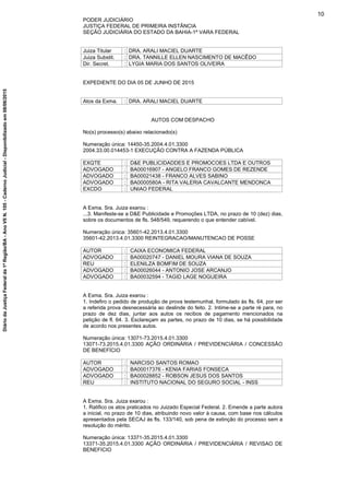 PODER JUDICIÁRIO
JUSTIÇA FEDERAL DE PRIMEIRA INSTÂNCIA
SEÇÃO JUDICIÁRIA DO ESTADO DA BAHIA-1ª VARA FEDERAL
Juiza Titular : DRA. ARALI MACIEL DUARTE
Juiza Substit. : DRA. TANNILLE ELLEN NASCIMENTO DE MACÊDO
Dir. Secret. : LYGIA MARIA DOS SANTOS OLIVEIRA
EXPEDIENTE DO DIA 05 DE JUNHO DE 2015
Atos da Exma. : DRA. ARALI MACIEL DUARTE
AUTOS COM DESPACHO
No(s) processo(s) abaixo relacionado(s)
Numeração única: 14450-35.2004.4.01.3300
2004.33.00.014453-1 EXECUÇÃO CONTRA A FAZENDA PÚBLICA
EXQTE : D&E PUBLICIDADDES E PROMOCOES LTDA E OUTROS
ADVOGADO : BA00016907 - ANGELO FRANCO GOMES DE REZENDE
ADVOGADO : BA00021438 - FRANCO ALVES SABINO
ADVOGADO : BA0000580A - RITA VALERIA CAVALCANTE MENDONCA
EXCDO : UNIAO FEDERAL
A Exma. Sra. Juiza exarou :
...3. Manifeste-se a D&E Publicidade e Promoções LTDA, no prazo de 10 (dez) dias,
sobre os documentos de fls. 548/549, requerendo o que entender cabível.
Numeração única: 35601-42.2013.4.01.3300
35601-42.2013.4.01.3300 REINTEGRACAO/MANUTENCAO DE POSSE
AUTOR : CAIXA ECONOMICA FEDERAL
ADVOGADO : BA00020747 - DANIEL MOURA VIANA DE SOUZA
REU : ELENILZA BOMFIM DE SOUZA
ADVOGADO : BA00026044 - ANTONIO JOSE ARCANJO
ADVOGADO : BA00032594 - TAGID LAGE NOGUEIRA
A Exma. Sra. Juiza exarou :
1. Indefiro o pedido de produção de prova testemunhal, formulado às fls. 64, por ser
a referida prova desnecessária ao deslinde do feito. 2. Intime-se a parte ré para, no
prazo de dez dias, juntar aos autos os recibos de pagamento mencionados na
petição de fl. 64. 3. Esclareçam as partes, no prazo de 10 dias, se há possibilidade
de acordo nos presentes autos.
Numeração única: 13071-73.2015.4.01.3300
13071-73.2015.4.01.3300 AÇÃO ORDINÁRIA / PREVIDENCIÁRIA / CONCESSÃO
DE BENEFÍCIO
AUTOR : NARCISO SANTOS ROMAO
ADVOGADO : BA00017376 - KENIA FARIAS FONSECA
ADVOGADO : BA00028852 - ROBSON JESUS DOS SANTOS
REU : INSTITUTO NACIONAL DO SEGURO SOCIAL - INSS
A Exma. Sra. Juiza exarou :
1. Ratifico os atos praticados no Juizado Especial Federal. 2. Emende a parte autora
a inicial, no prazo de 10 dias, atribuindo novo valor à causa, com base nos cálculos
apresentados pela SECAJ às fls. 133/140, sob pena de extinção do processo sem a
resolução do mérito.
Numeração única: 13371-35.2015.4.01.3300
13371-35.2015.4.01.3300 AÇÃO ORDINÁRIA / PREVIDENCIÁRIA / REVISAO DE
BENEFICIO
10
DiáriodaJustiçaFederalda1ªRegião/BA-AnoVIIN.105-CadernoJudicial-Disponibilizadoem08/06/2015
 