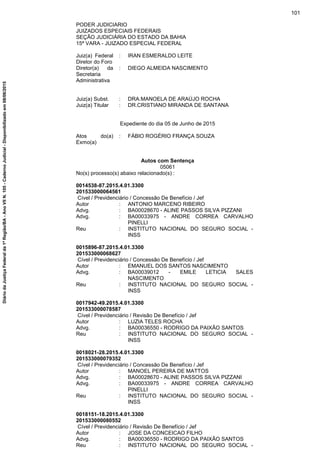 PODER JUDICIARIO
JUIZADOS ESPECIAIS FEDERAIS
SEÇÃO JUDICIÁRIA DO ESTADO DA BAHIA
15ª VARA - JUIZADO ESPECIAL FEDERAL
Juiz(a) Federal
Diretor do Foro
: IRAN ESMERALDO LEITE
Diretor(a) da
Secretaria
Administrativa
: DIEGO ALMEIDA NASCIMENTO
Juiz(a) Subst. : DRA.MANOELA DE ARAÚJO ROCHA
Juiz(a) Titular : DR.CRISTIANO MIRANDA DE SANTANA
Expediente do dia 05 de Junho de 2015
Atos do(a)
Exmo(a)
: FÁBIO ROGÉRIO FRANÇA SOUZA
Autos com Sentença
05061
No(s) processo(s) abaixo relacionado(s) :
0014538-87.2015.4.01.3300
201533000064561
Cível / Previdenciário / Concessão De Benefício / Jef
Autor : ANTONIO MARCENO RIBEIRO
Advg. : BA00028670 - ALINE PASSOS SILVA PIZZANI
Advg. : BA00033975 - ANDRE CORREA CARVALHO
PINELLI
Reu : INSTITUTO NACIONAL DO SEGURO SOCIAL -
INSS
0015896-87.2015.4.01.3300
201533000068627
Cível / Previdenciário / Concessão De Benefício / Jef
Autor : EMANUEL DOS SANTOS NASCIMENTO
Advg. : BA00039012 - EMILE LETICIA SALES
NASCIMENTO
Reu : INSTITUTO NACIONAL DO SEGURO SOCIAL -
INSS
0017942-49.2015.4.01.3300
201533000078587
Cível / Previdenciário / Revisão De Benefício / Jef
Autor : LUZIA TELES ROCHA
Advg. : BA00036550 - RODRIGO DA PAIXÃO SANTOS
Reu : INSTITUTO NACIONAL DO SEGURO SOCIAL -
INSS
0018021-28.2015.4.01.3300
201533000079352
Cível / Previdenciário / Concessão De Benefício / Jef
Autor : MANOEL PEREIRA DE MATTOS
Advg. : BA00028670 - ALINE PASSOS SILVA PIZZANI
Advg. : BA00033975 - ANDRE CORREA CARVALHO
PINELLI
Reu : INSTITUTO NACIONAL DO SEGURO SOCIAL -
INSS
0018151-18.2015.4.01.3300
201533000080552
Cível / Previdenciário / Revisão De Benefício / Jef
Autor : JOSE DA CONCEICAO FILHO
Advg. : BA00036550 - RODRIGO DA PAIXÃO SANTOS
Reu : INSTITUTO NACIONAL DO SEGURO SOCIAL -
101
DiáriodaJustiçaFederalda1ªRegião/BA-AnoVIIN.105-CadernoJudicial-Disponibilizadoem08/06/2015
 