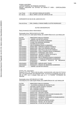 PODER JUDICIÁRIO
JUSTIÇA FEDERAL DE PRIMEIRA INSTÂNCIA
SEÇÃO JUDICIÁRIA DO ESTADO DA BAHIA-17ª VARA - ESPECIALIZADA
CRIMINAL
Juiz Titular : DR. ANTONIO OSWALDO SCARPA
Dir. Secret. : BELA. ERIKA LUCIA DE CARVALHO SÁ
EXPEDIENTE DO DIA 05 DE JUNHO DE 2015
Atos da Exma. : DRA. DANIELLI FARIAS RABÊLO LEITÃO RODRIGUES
AUTOS COM DESPACHO
No(s) processo(s) abaixo relacionado(s)
Numeração única: 35915-22.2012.4.01.3300
35915-22.2012.4.01.3300 AÇÃO PENAL DE COMPETÊNCIA DO JUIZ SINGULAR
AUTOR : MINISTERIO PUBLICO FEDERAL
PROCUR : - ANDRE LUIZ BATISTA NEVES
REU : MARCELO DE OLIVEIRA GUIMARAES
REU : CLEMILTON ANDRADE REZENDE
REU : IOLANDO SILVA COSTA
REU : HELIO HENRIQUE BAHIA GUIMARAES
ADVOGADO : BA00013868 - ADRIANO ALMEIDA FONSECA
ADVOGADO : BA00014355 - ANA LIVIA PEREIRA SANTOS
ADVOGADO : BA00033081 - ANA PAULA SILVA DA FONSECA
ADVOGADO : BA00022960 - CARLA GARRIDO BAHIA GUIMARAES
ADVOGADO : BA00033714 - FERNANDA LIMA COSTA
ADVOGADO : BA00SE2454 - GILBERTO VIEIRA LEITE NETO
ADVOGADO : BA00031987 - GRACIELA RIBEIRO
ADVOGADO : BA00043486 - HELIO HENRIQUE BAHIA GUIMARAES
ADVOGADO : BA00020471 - LUCIANA DE MEDEIROS GUIMARAES
ADVOGADO : BA00042979 - MARCELO AUGUSTO DE MEDEIROS
GUIMARAES
ADVOGADO : BA00018628 - MARUZA NERY TENISI
ADVOGADO : BA00022618 - RENATA DE MEDEIROS GUIMARAES
PROCUR : - ANDRE LUIZ BATISTA NEVES
A Exma. Sra. Juiza exarou :
Despacho de fl. 781: "Dê-se vista às partes, sucessivamente, pelo prazo de 5 (cinco)
dias, para apresentação das alegações finais, nos termos do parágrafo único do art.
404 do CPP, com a redação dada pela Lei nº 11.719/2008." INTIMAÇÃO DA
DEFESA
Numeração única: 4372-98.2012.4.01.3300
4372-98.2012.4.01.3300 AÇÃO PENAL DE COMPETÊNCIA DO JUIZ SINGULAR
AUTOR : MINISTERIO PUBLICO FEDERAL
PROCUR : - OLIVEIROS GUANAIS DE AGUIAR FILHO
REU : ANTONIO CEZAR VICENTE TEIXEIRA
REU : NEY TEIXEIRA VICENTE
REU : RUY TEIXEIRA VICENTE
REU : CLOVES NOVAES SCHRAMM
ADVOGADO : BA00017449 - ANTONIO VIEIRA
ADVOGADO : BA00034058 - EDSON ANTONIO XAVIER EVANGELISTA
ADVOGADO : BA00003124 - FERNANDO SANTANA
ADVOGADO : BA00033191 - HERBERTH RAIMUNDO SCHRAMM BARROS
ADVOGADO : BA00018399 - LOURIVAL VIEIRA
ADVOGADO : BA00041041 - MARIANA MADERA NUNES
ADVOGADO : BA00020225 - RAFAEL DE SA SANTANA
ADVOGADO : BA00035706 - VITOR DE SÁ SANTANA
109
DiáriodaJustiçaFederalda1ªRegião/BA-AnoVIIN.105-CadernoJudicial-Disponibilizadoem08/06/2015
 