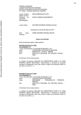 PODER JUDICIARIO
JUIZADOS ESPECIAIS FEDERAIS
SEÇÃO JUDICIÁRIA DO ESTADO DA BAHIA
21ª VARA - JUIZADO ESPECIAL FEDERAL
Juiz(a) Federal
Diretor do Foro
: IRAN ESMERALDO LEITE
Diretor(a) da
Secretaria
Administrativa
: DIEGO ALMEIDA NASCIMENTO
Juiz(a) Titular : DR.FÁBIO ROGÉRIO FRANÇA SOUZA
Expediente do dia 06 de Maio de 2015
Atos do(a)
Exmo(a)
: FÁBIO ROGÉRIO FRANÇA SOUZA
Autos com Decisão
No(s) processo(s) abaixo relacionado(s) :
0014245-20.2015.4.01.3300
201533000061775
Cível / Previdenciário / Concessão De Benefício / Jef
Autor : JOANA DARC CAETANO DE SANTANA
Advg. : BA00025776 - VITOR H. ZIMMER
Reu : INSTITUTO NACIONAL DO SEGURO SOCIAL -
INSS
O Exmo(a). Sr.(a) Juiz(a) exarou:
[...] Diante do exposto, DECLINO DA COMPETÊNCIA PARA A 9ª VARA
FEDERAL DESTA SECCIONAL, determinando a remessa do presente
processo à Distribuição, para que cumpra a regra de prevenção inserta no
art. 253, II, do CPC. [... ]
0014099-76.2015.4.01.3300
201533000060310
Cível / Previdenciário / Concessão De Benefício / Jef
Autor : JOSE AILTON DO SOCORRO
Advg. : BA00026868 - ROQUENALVO FERREIRA
DANTAS
Reu : INSTITUTO NACIONAL DO SEGURO SOCIAL -
INSS
O Exmo(a). Sr.(a) Juiz(a) exarou:
[...] Diante do exposto, DECLINO DA COMPETÊNCIA PARA A 9ª VARA
FEDERAL DESTA SECCIONAL, determinando a remessa do presente
processo à Distribuição, para que cumpra a regra de prevenção inserta no
art. 253, III, do CPC. [...]
115
DiáriodaJustiçaFederalda1ªRegião/BA-AnoVIIN.105-CadernoJudicial-Disponibilizadoem08/06/2015
 
