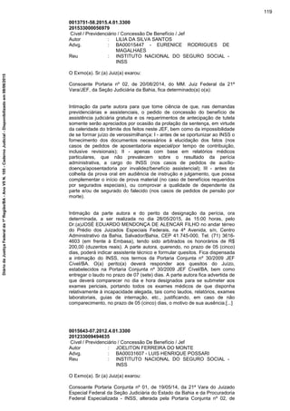 0013751-58.2015.4.01.3300
201533000056979
Cível / Previdenciário / Concessão De Benefício / Jef
Autor : LILIA DA SILVA SANTOS
Advg. : BA00015447 - EURENICE RODRIGUES DE
MAGALHAES
Reu : INSTITUTO NACIONAL DO SEGURO SOCIAL -
INSS
O Exmo(a). Sr.(a) Juiz(a) exarou:
Consoante Portaria nº 02, de 20/08/2014, do MM. Juiz Federal da 21ª
Vara/JEF, da Seção Judiciária da Bahia, fica determinado(a) o(a):
Intimação da parte autora para que tome ciência de que, nas demandas
previdenciárias e assistenciais, o pedido de concessão do benefício de
assistência judiciária gratuita e os requerimentos de antecipação de tutela
somente serão apreciados por ocasião da prolação da sentença, em virtude
da celeridade do trâmite dos feitos neste JEF, bem como da impossibilidade
de se formar juízo de verossimilhança: I - antes de se oportunizar ao INSS o
fornecimento dos documentos necessários à elucidação dos fatos (nos
casos de pedidos de aposentadoria especial/por tempo de contribuição,
inclusive revisionais); II - apenas com base em relatórios médicos
particulares, que não prevalecem sobre o resultado da perícia
administrativa, a cargo do INSS (nos casos de pedidos de auxílio-
doença/aposentadoria por invalidez/benefício assistencial); III - antes da
colheita da prova oral em audiência de instrução e julgamento, que possa
complementar o início de prova material (no caso de benefícios requeridos
por segurados especiais), ou comprovar a qualidade de dependente da
parte e/ou de segurado do falecido (nos casos de pedidos de pensão por
morte).
Intimação da parte autora e do perito da designação da perícia, ora
determinada, a ser realizada no dia 28/05/2015, às 15:00 horas, pelo
Dr.(a)JOSÉ EDUARDO MENDONÇA DE ALENCAR FILHO no andar térreo
do Prédio dos Juizados Especiais Federais, na 4ª Avenida, s/n, Centro
Administrativo da Bahia, Salvador/Bahia, CEP 41.745-000, Tel. (71) 3616-
4603 (em frente à Embasa), tendo sido arbitrados os honorários de R$
200,00 (duzentos reais). A parte autora, querendo, no prazo de 05 (cinco)
dias, poderá indicar assistente técnico e formular quesitos. Fica dispensada
a intimação do INSS, nos termos da Portaria Conjunta nº 30/2009 JEF
Cível/BA. O(a) perito(a) deverá responder aos quesitos do Juízo,
estabelecidos na Portaria Conjunta nº 30/2009 JEF Cível/BA, bem como
entregar o laudo no prazo de 07 (sete) dias. A parte autora fica advertida de
que deverá comparecer no dia e hora designados para se submeter aos
exames periciais, portando todos os exames médicos de que disponha
relativamente à incapacidade alegada, tais como laudos, relatórios, exames
laboratoriais, guias de internação, etc., justificando, em caso de não
comparecimento, no prazo de 05 (cinco) dias, o motivo de sua ausência.[...]
0015643-07.2012.4.01.3300
201233009494635
Cível / Previdenciário / Concessão De Benefício / Jef
Autor : JOELITON FERREIRA DO MONTE
Advg. : BA00031607 - LUIS HENRIQUE POSSARI
Reu : INSTITUTO NACIONAL DO SEGURO SOCIAL -
INSS
O Exmo(a). Sr.(a) Juiz(a) exarou:
Consoante Portaria Conjunta nº 01, de 19/05/14, da 21ª Vara do Juizado
Especial Federal da Seção Judiciária do Estado da Bahia e da Procuradoria
Federal Especializada - INSS, alterada pela Portaria Conjunta nº 02, de
119
DiáriodaJustiçaFederalda1ªRegião/BA-AnoVIIN.105-CadernoJudicial-Disponibilizadoem08/06/2015
 