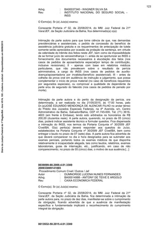 Advg. : BA00037340 - WAGNER SILVA SA
Reu : INSTITUTO NACIONAL DO SEGURO SOCIAL -
INSS
O Exmo(a). Sr.(a) Juiz(a) exarou:
Consoante Portaria nº 02, de 20/08/2014, do MM. Juiz Federal da 21ª
Vara/JEF, da Seção Judiciária da Bahia, fica determinado(a) o(a):
Intimação da parte autora para que tome ciência de que, nas demandas
previdenciárias e assistenciais, o pedido de concessão do benefício de
assistência judiciária gratuita e os requerimentos de antecipação de tutela
somente serão apreciados por ocasião da prolação da sentença, em virtude
da celeridade do trâmite dos feitos neste JEF, bem como da impossibilidade
de se formar juízo de verossimilhança: I - antes de se oportunizar ao INSS o
fornecimento dos documentos necessários à elucidação dos fatos (nos
casos de pedidos de aposentadoria especial/por tempo de contribuição,
inclusive revisionais); II - apenas com base em relatórios médicos
particulares, que não prevalecem sobre o resultado da perícia
administrativa, a cargo do INSS (nos casos de pedidos de auxílio-
doença/aposentadoria por invalidez/benefício assistencial); III - antes da
colheita da prova oral em audiência de instrução e julgamento, que possa
complementar o início de prova material (no caso de benefícios requeridos
por segurados especiais), ou comprovar a qualidade de dependente da
parte e/ou de segurado do falecido (nos casos de pedidos de pensão por
morte).
Intimação da parte autora e do perito da designação da perícia, ora
determinada, a ser realizada no dia 21/05/2015, às 17:00 horas, pelo
Dr.(a)JOSÉ EDUARDO MENDONÇA DE ALENCAR FILHO no andar térreo
do Prédio dos Juizados Especiais Federais, na 4ª Avenida, s/n, Centro
Administrativo da Bahia, Salvador/Bahia, CEP 41.745-000, Tel. (71) 3616-
4603 (em frente à Embasa), tendo sido arbitrados os honorários de R$
200,00 (duzentos reais). A parte autora, querendo, no prazo de 05 (cinco)
dias, poderá indicar assistente técnico e formular quesitos. Fica dispensada
a intimação do INSS, nos termos da Portaria Conjunta nº 30/2009 JEF
Cível/BA. O(a) perito(a) deverá responder aos quesitos do Juízo,
estabelecidos na Portaria Conjunta nº 30/2009 JEF Cível/BA, bem como
entregar o laudo no prazo de 07 (sete) dias. A parte autora fica advertida de
que deverá comparecer no dia e hora designados para se submeter aos
exames periciais, portando todos os exames médicos de que disponha
relativamente à incapacidade alegada, tais como laudos, relatórios, exames
laboratoriais, guias de internação, etc., justificando, em caso de não
comparecimento, no prazo de 05 (cinco) dias, o motivo de sua ausência.[...]
0039099-88.2009.4.01.3300
200933009141065
Procedimento Comum Cível / Outros / Jef
Autor : DUMNORIGE LUCENA NUNES FERNANDES
Advg. : BA00014988 - ANTONY DE TEIVE E ARGOLO
Reu : CAIXA ECONOMICA FEDERAL
O Exmo(a). Sr.(a) Juiz(a) exarou:
Consoante Portaria nº 02, de 20/08/2014, do MM. Juiz Federal da 21ª
Vara/JEF, da Seção Judiciária da Bahia, fica determinada a intimação da
parte autora para, no prazo de dez dias, manifestar-se sobre o cumprimento
da obrigação, ficando advertida de que a ausência de manifestação
específica e fundamentada implicará o reconhecimento do cumprimento
integral da obrigação.
0013932-59.2015.4.01.3300
123
DiáriodaJustiçaFederalda1ªRegião/BA-AnoVIIN.105-CadernoJudicial-Disponibilizadoem08/06/2015
 