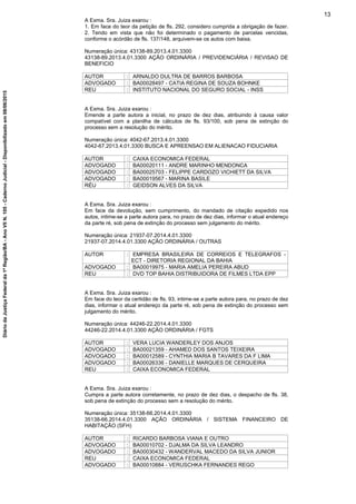 A Exma. Sra. Juiza exarou :
1. Em face do teor da petição de fls. 292, considero cumprida a obrigação de fazer.
2. Tendo em vista que não foi determinado o pagamento de parcelas vencidas,
conforme o acórdão de fls. 137/148, arquivem-se os autos com baixa.
Numeração única: 43138-89.2013.4.01.3300
43138-89.2013.4.01.3300 AÇÃO ORDINÁRIA / PREVIDENCIÁRIA / REVISAO DE
BENEFICIO
AUTOR : ARNALDO DULTRA DE BARROS BARBOSA
ADVOGADO : BA00028497 - CATIA REGINA DE SOUZA BOHNKE
REU : INSTITUTO NACIONAL DO SEGURO SOCIAL - INSS
A Exma. Sra. Juiza exarou :
Emende a parte autora a inicial, no prazo de dez dias, atribuindo à causa valor
compatível com a planilha de cálculos de fls. 93/100, sob pena de extinção do
processo sem a resolução do mérito.
Numeração única: 4042-67.2013.4.01.3300
4042-67.2013.4.01.3300 BUSCA E APREENSAO EM ALIENACAO FIDUCIARIA
AUTOR : CAIXA ECONOMICA FEDERAL
ADVOGADO : BA00020111 - ANDRE MARINHO MENDONCA
ADVOGADO : BA00025703 - FELIPPE CARDOZO VICHIETT DA SILVA
ADVOGADO : BA00019567 - MARINA BASILE
RÉU : GEIDSON ALVES DA SILVA
A Exma. Sra. Juiza exarou :
Em face da devolução, sem cumprimento, do mandado de citação expedido nos
autos, intime-se a parte autora para, no prazo de dez dias, informar o atual endereço
da parte ré, sob pena de extinção do processo sem julgamento do mérito.
Numeração única: 21937-07.2014.4.01.3300
21937-07.2014.4.01.3300 AÇÃO ORDINÁRIA / OUTRAS
AUTOR : EMPRESA BRASILEIRA DE CORREIOS E TELEGRAFOS -
ECT - DIRETORIA REGIONAL DA BAHIA
ADVOGADO : BA00019975 - MARIA AMELIA PEREIRA ABUD
REU : DVD TOP BAHIA DISTRIBUIDORA DE FILMES LTDA EPP
A Exma. Sra. Juiza exarou :
Em face do teor da certidão de fls. 93, intime-se a parte autora para, no prazo de dez
dias, informar o atual endereço da parte ré, sob pena de extinção do processo sem
julgamento do mérito.
Numeração única: 44246-22.2014.4.01.3300
44246-22.2014.4.01.3300 AÇÃO ORDINÁRIA / FGTS
AUTOR : VERA LUCIA WANDERLEY DOS ANJOS
ADVOGADO : BA00021359 - AHAMED DOS SANTOS TEIXEIRA
ADVOGADO : BA00012589 - CYNTHIA MARIA B TAVARES DA F LIMA
ADVOGADO : BA00026336 - DANIELLE MARQUES DE CERQUEIRA
REU : CAIXA ECONOMICA FEDERAL
A Exma. Sra. Juiza exarou :
Cumpra a parte autora corretamente, no prazo de dez dias, o despacho de fls. 38,
sob pena de extinção do processo sem a resolução do mérito.
Numeração única: 35138-66.2014.4.01.3300
35138-66.2014.4.01.3300 AÇÃO ORDINÁRIA / SISTEMA FINANCEIRO DE
HABITAÇÃO (SFH)
AUTOR : RICARDO BARBOSA VIANA E OUTRO
ADVOGADO : BA00010702 - DJALMA DA SILVA LEANDRO
ADVOGADO : BA00030432 - WANDERVAL MACEDO DA SILVA JUNIOR
REU : CAIXA ECONOMICA FEDERAL
ADVOGADO : BA00010884 - VERUSCHKA FERNANDES REGO
13
DiáriodaJustiçaFederalda1ªRegião/BA-AnoVIIN.105-CadernoJudicial-Disponibilizadoem08/06/2015
 
