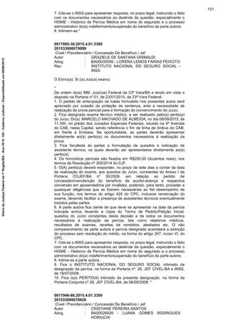 7. Cite-se o INSS para apresentar resposta, no prazo legal, instruindo o feito
com os documentos necessários ao deslinde da questão, especialmente o
HISME - Histórico de Perícia Médica em nome do segurado e o processo
administrativo do(a) indeferimento/suspensão do benefício da parte autora.
8. Intimem-se."
0017995-30.2015.4.01.3300
201533000079099
Cível / Previdenciário / Concessão De Benefício / Jef
Autor : GRAZIELE DE SANTANA GRIMALDI
Advg. : BA00035599 - LORENA LEMOS FARIAS PEIXOTO
Reu : INSTITUTO NACIONAL DO SEGURO SOCIAL -
INSS
O Exmo(a). Sr.(a) Juiz(a) exarou:
"
De ordem do(a) MM. Juiz(íza) Federal da 23ª Vara/BA e tendo em vista o
disposto na Portaria nº.01, de 23/01/2015, da 23ª Vara Federal:
1. O pedido de antecipação da tutela formulado nos presentes autos será
apreciado por ocasião da prolação da sentença, ante a necessidade de
realização de prova pericial para a formação do convencimento do Juízo.
2. Fica designado exame técnico médico, a ser realizado pelo(a) perito(a)
do Juízo, Dr(a). MARCELO MACHADO DE ALMEIDA, no dia 08/09/2015, às
11:30h, no prédio dos Juizados Especiais Federais, situado na 4ª Avenida
do CAB, nesta Capital, sendo referência o fim de linha de ônibus do CAB,
em frente à Embasa. Na oportunidade, as partes deverão apresentar
diretamente ao(à) perito(a) os documentos necessários à realização da
prova.
3. Fica facultada às partes a formulação de quesitos e indicação de
assistente técnico, os quais deverão ser apresentados diretamente ao(à)
perito(a).
4. Os honorários periciais são fixados em R$200,00 (duzentos reais), nos
termos da Resolução nº 305/2014 do CJF.
5. O(A) perito(a) deverá responder, no prazo de sete dias a contar da data
da realização do exame, aos quesitos do Juízo, constantes do Anexo I da
Portaria COJEF/BA nº 30/2009, em relação ao pedido de
concessão/manutenção do benefício de auxílio-doença e respectiva
conversão em aposentadoria por invalidez, podendo, para tanto, proceder a
quaisquer diligências que se fizerem necessárias ao fiel desempenho de
sua função, nos termos do artigo 429 do CPC, inclusive remarcação do
exame, devendo facilitar a presença de assistentes técnicos eventualmente
trazidos pelas partes.
6. A parte autora fica ciente de que deve se apresentar na data da perícia
indicada acima, levando a cópia do Termo de Pedido/Petição Inicial,
quesitos do Juízo constantes desta decisão e de todos os documentos
necessários à realização da perícia, tais como relatórios médicos,
resultados de exames, receitas de remédios, atestados etc. O não
comparecimento da parte autora à perícia designada acarretará a extinção
do processo sem resolução do mérito, na forma do artigo 267, inciso VI, do
CPC.
7. Cite-se o INSS para apresentar resposta, no prazo legal, instruindo o feito
com os documentos necessários ao deslinde da questão, especialmente o
HISME - Histórico de Perícia Médica em nome do segurado e o processo
administrativo do(a) indeferimento/suspensão do benefício da parte autora.
8. Intime-se a parte autora.
9. Fica o INSTITUTO NACIONAL DO SEGURO SOCIAL intimado da
designação da perícia, na forma da Portaria nº. 26, JEF CÍVEL-BA e INSS,
de 18/07/2008.
10. Fica o(a) PERITO(A) intimado da presente designação, na forma da
Portaria Conjunta nº 28, JEF CÍVEL-BA, de 06/08/2008. "
0017946-86.2015.4.01.3300
201533000078628
Cível / Previdenciário / Concessão De Benefício / Jef
Autor : CRISTIANE PEREIRA SANTOS
Advg. : BA00026928 - LUANA GOMES RODRIGUES
HORIUCHI
131
DiáriodaJustiçaFederalda1ªRegião/BA-AnoVIIN.105-CadernoJudicial-Disponibilizadoem08/06/2015
 