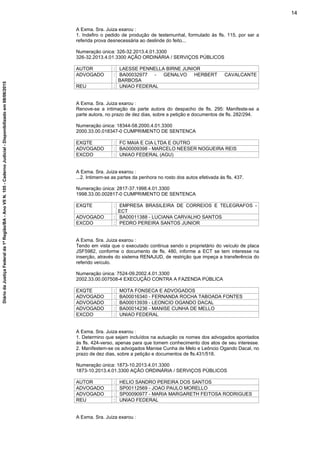 A Exma. Sra. Juiza exarou :
1. Indefiro o pedido de produção de testemunhal, formulado às fls. 115, por ser a
referida prova desnecessária ao deslinde do feito...
Numeração única: 326-32.2013.4.01.3300
326-32.2013.4.01.3300 AÇÃO ORDINÁRIA / SERVIÇOS PÚBLICOS
AUTOR : LAESSE PENNELLA BIRNE JUNIOR
ADVOGADO : BA00032977 - GENALVO HERBERT CAVALCANTE
BARBOSA
REU : UNIAO FEDERAL
A Exma. Sra. Juiza exarou :
Renove-se a intimação da parte autora do despacho de fls. 295: Manifeste-se a
parte autora, no prazo de dez dias, sobre a petição e documentos de fls. 282/294.
Numeração única: 18344-58.2000.4.01.3300
2000.33.00.018347-0 CUMPRIMENTO DE SENTENCA
EXQTE : FC MAIA E CIA LTDA E OUTRO
ADVOGADO : BA00009398 - MARCELO NEESER NOGUEIRA REIS
EXCDO : UNIAO FEDERAL (AGU)
A Exma. Sra. Juiza exarou :
...2. Intimem-se as partes da penhora no rosto dos autos efetivada às fls. 437.
Numeração única: 2817-37.1998.4.01.3300
1998.33.00.002817-0 CUMPRIMENTO DE SENTENCA
EXQTE : EMPRESA BRASILEIRA DE CORREIOS E TELEGRAFOS -
ECT
ADVOGADO : BA00011388 - LUCIANA CARVALHO SANTOS
EXCDO : PEDRO PEREIRA SANTOS JUNIOR
A Exma. Sra. Juiza exarou :
Tendo em vista que o executado continua sendo o proprietário do veículo de placa
JSF5982, conforme o documento de fls. 480, informe a ECT se tem interesse na
inserção, através do sistema RENAJUD, de restrição que impeça a transferência do
referido veículo.
Numeração única: 7524-09.2002.4.01.3300
2002.33.00.007508-4 EXECUÇÃO CONTRA A FAZENDA PÚBLICA
EXQTE : MOTA FONSECA E ADVOGADOS
ADVOGADO : BA00016340 - FERNANDA ROCHA TABOADA FONTES
ADVOGADO : BA00013939 - LEONCIO OGANDO DACAL
ADVOGADO : BA00014236 - MANISE CUNHA DE MELLO
EXCDO : UNIAO FEDERAL
A Exma. Sra. Juiza exarou :
1. Determino que sejam incluídos na autuação os nomes dos advogados apontados
às fls. 424-verso, apenas para que tomem conhecimento dos atos de seu interesse.
2. Manifestem-se os advogados Manise Cunha de Melo e Leôncio Ogando Dacal, no
prazo de dez dias, sobre a petição e documentos de fls.431/518.
Numeração única: 1873-10.2013.4.01.3300
1873-10.2013.4.01.3300 AÇÃO ORDINÁRIA / SERVIÇOS PÚBLICOS
AUTOR : HELIO SANDRO PEREIRA DOS SANTOS
ADVOGADO : SP00112569 - JOAO PAULO MORELLO
ADVOGADO : SP00090977 - MARIA MARGARETH FEITOSA RODRIGUES
REU : UNIAO FEDERAL
A Exma. Sra. Juiza exarou :
14
DiáriodaJustiçaFederalda1ªRegião/BA-AnoVIIN.105-CadernoJudicial-Disponibilizadoem08/06/2015
 