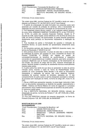 201533000086327
Cível / Previdenciário / Concessão De Benefício / Jef
Autor : MARCOS NEPOMUCENO TRINDADE
Advg. : BA00025997 - RAFAEL SOUZA MAGALHAES
Reu : INSTITUTO NACIONAL DO SEGURO SOCIAL -
INSS
O Exmo(a). Sr.(a) Juiz(a) exarou:
"De ordem do(a) MM. Juiz(íza) Federal da 23ª Vara/BA e tendo em vista o
disposto na Portaria nº.01, de 23/01/2015, da 23ª Vara Federal:
1. O pedido de antecipação da tutela formulado nos presentes autos será
apreciado por ocasião da prolação da sentença, ante a necessidade de
realização de prova pericial para a formação do convencimento do Juízo.
2. Fica designado exame técnico médico, a ser realizado pelo(a) perito(a)
do Juízo, Dr(a). ARMANDO SAMPAIO TAVARES NETO, no dia 17/07/2015,
às 12:15h, no prédio dos Juizados Especiais Federais, situado na 4ª
Avenida do CAB, nesta Capital, sendo referência o fim de linha de ônibus do
CAB, em frente à Embasa. Na oportunidade, as partes deverão apresentar
diretamente ao(à) perito(a) os documentos necessários à realização da
prova.
3. Fica facultada às partes a formulação de quesitos e indicação de
assistente técnico, os quais deverão ser apresentados diretamente ao(à)
perito(a).
4. Os honorários periciais são fixados em R$200,00 (duzentos reais), nos
termos da Resolução nº 305/2014 do CJF.
5. O(A) perito(a) deverá responder, no prazo de sete dias a contar da data
da realização do exame, aos quesitos do Juízo, constantes do Anexo I da
Portaria COJEF/BA nº 30/2009, em relação ao pedido de
concessão/manutenção do benefício de auxílio-doença e respectiva
conversão em aposentadoria por invalidez, podendo, para tanto, proceder a
quaisquer diligências que se fizerem necessárias ao fiel desempenho de
sua função, nos termos do artigo 429 do CPC, inclusive remarcação do
exame, devendo facilitar a presença de assistentes técnicos eventualmente
trazidos pelas partes.
6. A parte autora fica ciente de que deve se apresentar na data da perícia
indicada acima, levando a cópia do Termo de Pedido/Petição Inicial,
quesitos do Juízo constantes desta decisão e de todos os documentos
necessários à realização da perícia, tais como relatórios médicos,
resultados de exames, receitas de remédios, atestados etc. O não
comparecimento da parte autora à perícia designada acarretará a extinção
do processo sem resolução do mérito, na forma do artigo 267, inciso VI, do
CPC.
7. Cite-se o INSS para apresentar resposta, no prazo legal, instruindo o feito
com os documentos necessários ao deslinde da questão, especialmente o
HISME - Histórico de Perícia Médica em nome do segurado e o processo
administrativo do(a) indeferimento/suspensão do benefício da parte autora.
8. Intime-se a parte autora.
9. Fica o INSTITUTO NACIONAL DO SEGURO SOCIAL intimado da
designação da perícia, na forma da Portaria nº. 26, JEF CÍVEL-BA e INSS,
de 18/07/2008.
10. Fica o(a) PERITO(A) intimado da presente designação, na forma da
Portaria Conjunta nº 28, JEF CÍVEL-BA, de 06/08/2008. "
0018372-98.2015.4.01.3300
201533000082556
Cível / Previdenciário / Concessão De Benefício / Jef
Autor : UZAIDE PINTO DA SILVA
Advg. : BA00023186 - EDDIE PARISH SILVA
Advg. : BA00027022 - CARLOS ZENANDRO RIBEIRO
SANT ANA
Reu : INSTITUTO NACIONAL DO SEGURO SOCIAL -
INSS
O Exmo(a). Sr.(a) Juiz(a) exarou:
"De ordem do(a) MM. Juiz(íza) Federal da 23ª Vara/BA e tendo em vista o
disposto na Portaria nº.01, de 23/01/2015, da 23ª Vara Federal:
140
DiáriodaJustiçaFederalda1ªRegião/BA-AnoVIIN.105-CadernoJudicial-Disponibilizadoem08/06/2015
 