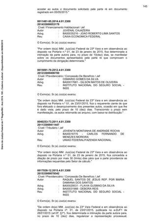 acostar ao autos o documento solicitado pela parte ré em documento
registrado em 05/05/2015."
0011481-95.2014.4.01.3300
201433000053178
Cível / Financiamento Habitacional / Jef
Autor : JUVENAL CAJAZEIRA
Advg. : BA00035216 - JOAO ROBERTO LIMA SANTOS
Reu : CAIXA ECONOMICA FEDERAL
O Exmo(a). Sr.(a) Juiz(a) exarou:
"Por ordem do(a) MM. Juiz(íza) Federal da 23ª Vara e em observância ao
disposto na Portaria n.º 01, de 23 de janeiro de 2015, fica determinada a
intimação da parte autora para, no prazo de 10(dez) dias, se manifestar
sobre os documentos apresentados pela parte ré que comprovam o
cumprimento da obrigação determinada."
0015891-70.2012.4.01.3300
201233009496700
Cível / Previdenciário / Concessão De Benefício / Jef
Autor : OSMARIO GOMES DA SILVA
Advg. : BA00017681 - GILSON MATOS DE OLIVEIRA
Reu : INSTITUTO NACIONAL DO SEGURO SOCIAL -
INSS
O Exmo(a). Sr.(a) Juiz(a) exarou:
"De ordem do(a) MM. Juiz(íza) Federal da 23ª Vara e em observância ao
disposto na Portaria n.º 01, de 23/01/2015, fica o requerente ciente de que
fora efetuado o desarquivamento dos presentes autos, ocasião em que lhe
é dado vista, pelo prazo de 10 (dez) dias. Transcorrido o prazo sem
manifestação, os autos retornarão ao arquivo, com baixa na distribuição."
0040253-73.2011.4.01.3300
201133009411447
Cível / Tributário / Jef
Autor : JOVENITA MONTANHA DE ANDRADE ROCHA
Advg. : BA00016770 - CARLOS FERNANDO DE
MENEZES MOREIRA
Reu : UNIAO FEDERAL/FAZENDA NACIONAL
O Exmo(a). Sr.(a) Juiz(a) exarou:
"Por ordem do(a) MM. Juiz(íza) Federal da 23ª Vara e em observância ao
disposto na Portaria n.º 01, de 23 de janeiro de 2015, fica concedida a
dilação de prazo por mais 30 (trinta) dias pára que a parte providencie as
informações requeridas pelo Setor de cálculo."
0017938-12.2015.4.01.3300
201533000078542
Cível / Previdenciário / Concessão De Benefício / Jef
Autor : RAQUEL SANTOS DE JESUS REP. POR MARIA
DAMIANA DOS SANTOS
Advg. : BA00029531 - FLAVIA GUSMAO DA SILVA
Advg. : BA00031988 - DEBORA REIS
Reu : INSTITUTO NACIONAL DO SEGURO SOCIAL -
INSS
O Exmo(a). Sr.(a) Juiz(a) exarou:
"De ordem do(a) MM. Juiz(íza) da 23ª Vara Federal e em observância ao
disposto na Portaria nº. 01, de 23/01/2015, publicada no e-DJF1 de
28/01/2015 (art.9º, §1º), fica determinada a intimação da parte autora para,
no prazo de 10 (dez) dias, regularizar a representação processual,
145
DiáriodaJustiçaFederalda1ªRegião/BA-AnoVIIN.105-CadernoJudicial-Disponibilizadoem08/06/2015
 