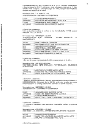 Cumpra a parte autora o item 1 do desapcho de fls. 219: 1. Tendo em vista a petição
e documentos de fls. 215/217, intime-se a parte autora para, no prazo de 15 dias,
constituir novo advogado e juntar procuração aos autos, sob pena de extinção do
processo sem a resolução do mérito.
Numeração única: 72-35.2008.4.01.3300
2008.33.00.000072-8 CUMPRIMENTO DE SENTENCA
EXQTE : CAIXA ECONOMICA FEDERAL
ADVOGADO : BA00020111 - ANDRE MARINHO MENDONCA
EXCDO : MARIA MONICA SOUZA SANTOS
ADVOGADO : BA00006909 - SILVIO ROBERTO ISMERIM
A Exma. Sra. Juiza exarou :
Intime-se a parte executada da penhora on line efetivada às fls. 174/175, para os
fins doa rt. 475-J,§ 1º, do CPC.
Numeração única: 10874-58.2009.4.01.3300
2009.33.00.010879-0 AÇÃO ORDINÁRIA / SISTEMA FINANCEIRO DE
HABITAÇÃO (SFH)
AUTOR : HAMILTON RIBEIRO FERREIRA
ADVOGADO : BA00003641 - PEDRO JOSE SOUZA DE OLIVEIRA
REU : CAIXA ECONOMICA FEDERAL
REU : KELLY FABIANA VIEIRA DOS SANTOS
ADVOGADO : BA00010278 - GERALDO REZENDE DE ALMEIDA
ADVOGADO : BA00015684 - MAURICIO DANTAS GOES E GOES
ADVOGADO : BA00038287 - TAMIRIS SILVA SANTOS
A Exma. Sra. Juiza exarou :
1. Em face da escusa manifestada às fls. 430, revogo a decisão de fls. 403...
Numeração única: 7589-18.2013.4.01.3300
7589-18.2013.4.01.3300 AÇÃO ORDINÁRIA / PREVIDENCIÁRIA / CONCESSÃO
DE BENEFÍCIO
AUTOR : ARESTIDES ALVES DOS SANTOS NETO
ADVOGADO : BA00019519 - KELLYANNE KENNY AMARAL MORAIS
REU : INSTITUTO NACIONAL DO SEGURO SOCIAL - INSS
A Exma. Sra. Juiza exarou :
1. Indefiro o pedido do INSS de fls. 344, uma vez que a petição inicial do processo nº
2005.33.00.768238-0 foi juntada às fls. 99/103, tendo sido juntadas aos autos
também as cópias da sentença e do acórdão referentes ao referido processo...
Numeração única: 15222-90.2007.4.01.3300
2007.33.00.015231-7 CUMPRIMENTO DE SENTENCA
EXQTE : GRIMALDO LOPES GUERRA E OUTRO
ADVOGADO : BA00013458 - EDSON MONTEIRO SALOMAO
EXCDO : CAIXA ECONOMICA FEDERAL
ADVOGADO : BA00011731 - LOURENCO NASCIMENTO SANTOS NETO
A Exma. Sra. Juiza exarou :
...2. Intime-se o interessado (parte exequente) para receber o alvará no prazo de
cinco dias...
Numeração única: 39361-62.2014.4.01.3300
39361-62.2014.4.01.3300 BUSCA E APREENSAO EM ALIENACAO FIDUCIARIA
AUTOR : CAIXA ECONOMICA FEDERAL
ADVOGADO : BA00011731 - LOURENCO NASCIMENTO SANTOS NETO
RÉU : EMILIANO FAGUNDES DE SOUZA FILHO
A Exma. Sra. Juiza exarou :
15
DiáriodaJustiçaFederalda1ªRegião/BA-AnoVIIN.105-CadernoJudicial-Disponibilizadoem08/06/2015
 