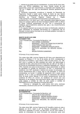 "... intimem-se as partes para se manifestarem, no prazo de 05 (cinco) dias,
sobre a(s) RPV(s) expedida(s) nos autos, ficando cientes de que
transcorrido o prazo sem requerimentos, a requisição será migrada para o
TRF da 1ª Região. Em caso de discordância, deverão apresentar seus
cálculos.
3- Inexistindo impugnação, proceda-se à migração da Requisição de
Pagamento ficando a parte autora desde já ciente de que deverá
acompanhar a disponibilidade do seu crédito diretamente no endereço
eletrônico do Tribunal Regional Federal da 1 Região
(<http://portal.trf1.jus.br/portaltrf1/processual/rpv-e-precatorios/rpv-e-
precatorios.htm>), em assim que o valor requisitado estará disponível para
saque em qualquer agência da Caixa Econômica Federal (CEF) ou Banco
do Brasil, mediante apresentação de CPF, RG e comprovante de
residência, aproximadamente sessenta dias após o seu encaminhamento
pelo TRF 1ª Região
4- Em seguida, arquivem-se os autos com baixa na Distribuição, cabendo à
parte interessada se manifestar tão-somente se o pagamento não for
efetuado no prazo acima informado ou se verificada qualquer incorreção no
preenchimento da RPV."
0045747-45.2013.4.01.3300
201333000171853
Cível / Previdenciário / Concessão De Benefício / Jef
Autor : ENA CARMEL GUIMARAES
Advg. : BA00020007 - PAULO DE TARSO SILVA SANTOS
Reu : EDNA PEREIRA DOS SANTOS
Advg. : BA00034987 - FERNANDA ARAUJO COSTA
Reu : INSTITUTO NACIONAL DO SEGURO SOCIAL -
INSS
Reu : BRUNA PEREIRA GUIMARAES
O Exmo(a). Sr.(a) Juiz(a) exarou:
"Por ordem do(a) MM. Juiz(íza) Federal da 23ª Vara e em observância ao
disposto na Portaria n.º 01, de 23 de janeiro de 2015, considerando o
documento do PLENUS, o qual noticia o óbito da parte autora ( fls. 136),
bem como a certidão de óbito acostada aos autos, fica determinada a
suspensão do feito, pelo prazo de 30 (trinta) dias (art. 265, §1º do CPC), a
fim de que os interessados promovam a respectiva habilitação (art. 1060 do
CPC), trazendo aos autos os documentos a seguir relacionados: a) cédula
de identidade ou certidão de nascimento; b) CPF; c) comprovante de
residência, com CEP atualizado e telefone de contato; d) procuração, se
houver representante para a causa, seja ou não advogado; e) Termo de
Inventariança, se houver; f) certidão de casamento com a parte autora
falecida, se for o caso; g) indicação/certidão de nascimento dos demais
filhos da parte autora falecida; h) em sendo companheiro(a), prova da
existência de filhos em comum, de residência em comum com o(a)
falecido(a) ou de qualquer outro documento idôneo capaz de comprovar a
união estável, i) certidão de óbito da parte autora; j) certidão de
PIS/PASEP/FGTS do(a) falecido(a) fornecida pelo INSS.
Intime-se o advogado da parte autora, bem como, eventuais
interessados, através de carta com AR, no endereço constante dos autos."
0018909-94.2015.4.01.3300
201533000087538
Cível / Previdenciário / Concessão De Benefício / Jef
Autor : ARLETE SILVA DOS SANTOS
Advg. : BA00026705 - SIMONE BORGES PERES
Advg. : BA00045660 - CAMILA COSTA SABACK
Reu : INSTITUTO NACIONAL DO SEGURO SOCIAL -
INSS
O Exmo(a). Sr.(a) Juiz(a) exarou:
"De ordem do(a) MM. Juiz(íza) Federal da 23ª Vara/BA e tendo em vista o
disposto no art.12, caput e §1º da Portaria Consolidada nº.01, de
23/01/2015, publicada no e-DJF1 de 28/01/2015, da 23ª Vara Federal, o
pedido de antecipação da tutela formulado nos presentes autos será
160
DiáriodaJustiçaFederalda1ªRegião/BA-AnoVIIN.105-CadernoJudicial-Disponibilizadoem08/06/2015
 