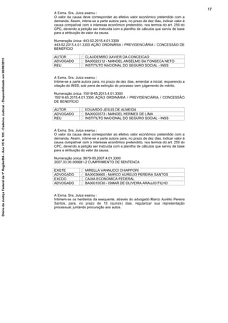 A Exma. Sra. Juiza exarou :
O valor da causa deve corresponder ao efetivo valor econômico pretendido com a
demanda. Assim, intime-se a parte autora para, no prazo de dez dias, indicar valor à
causa compatível com o interesse econômico pretendido, nos termos do art. 259 do
CPC, devendo a petição ser instruída com a planilha de cálculos que serviu de base
para a atribuição do valor da causa.
Numeração única: 443-52.2015.4.01.3300
443-52.2015.4.01.3300 AÇÃO ORDINÁRIA / PREVIDENCIÁRIA / CONCESSÃO DE
BENEFÍCIO
AUTOR : CLAUDEMIRO XAVIER DA CONCEICAO
ADVOGADO : BA00022312 - MANOEL ANSELMO DA FONSECA NETO
REU : INSTITUTO NACIONAL DO SEGURO SOCIAL - INSS
A Exma. Sra. Juiza exarou :
Intime-se a parte autora para, no prazo de dez dias, emendar a inicial, requerendo a
citação do INSS, sob pena de extinção do processo sem julgamento do mérito.
Numeração única: 15018-65.2015.4.01.3300
15018-65.2015.4.01.3300 AÇÃO ORDINÁRIA / PREVIDENCIÁRIA / CONCESSÃO
DE BENEFÍCIO
AUTOR : EDUARDO JESUS DE ALMEIDA
ADVOGADO : BA00003573 - MANOEL HERMES DE LIMA
REU : INSTITUTO NACIONAL DO SEGURO SOCIAL - INSS
A Exma. Sra. Juiza exarou :
O valor da causa deve corresponder ao efetivo valor econômico pretendido com a
demanda. Assim, intime-se a parte autora para, no prazo de dez dias, indicar valor à
causa compatível com o interesse econômico pretendido, nos termos do art. 259 do
CPC, devendo a petição ser instruída com a planilha de cálculos que serviu de base
para a atribuição do valor da causa.
Numeração única: 9679-09.2007.4.01.3300
2007.33.00.009681-2 CUMPRIMENTO DE SENTENCA
EXQTE : MIRELLA VANNUCCI CHIAPPORI
ADVOGADO : BA00036665 - MARCO AURELIO PEREIRA SANTOS
EXCDO : CAIXA ECONOMICA FEDERAL
ADVOGADO : BA00010530 - ISMAR DE OLIVEIRA ARAUJO FILHO
A Exma. Sra. Juiza exarou :
Intimem-se os herdeiros da exequente, através do advogado Marco Aurélio Pereira
Santos, para, no prazo de 15 (quinze) dias, regularizar sua representação
processual, juntando procuração aos autos.
17
DiáriodaJustiçaFederalda1ªRegião/BA-AnoVIIN.105-CadernoJudicial-Disponibilizadoem08/06/2015
 